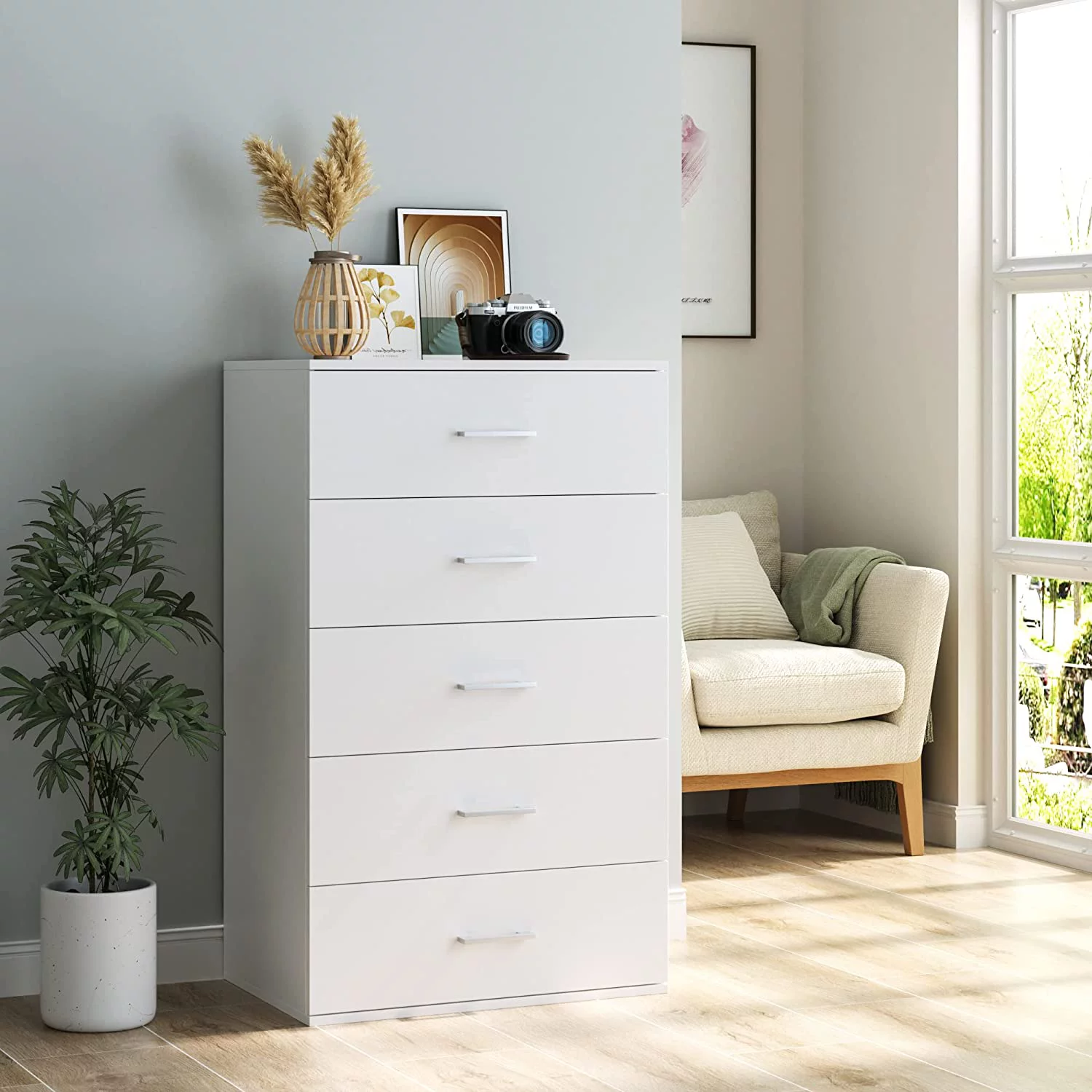 5 Drawer Dresser Chest, Freestanding Dresser Storage Tower with Metal Handles, White Storage Cabinet for Living Room, Kitchen, Entryway, Closet