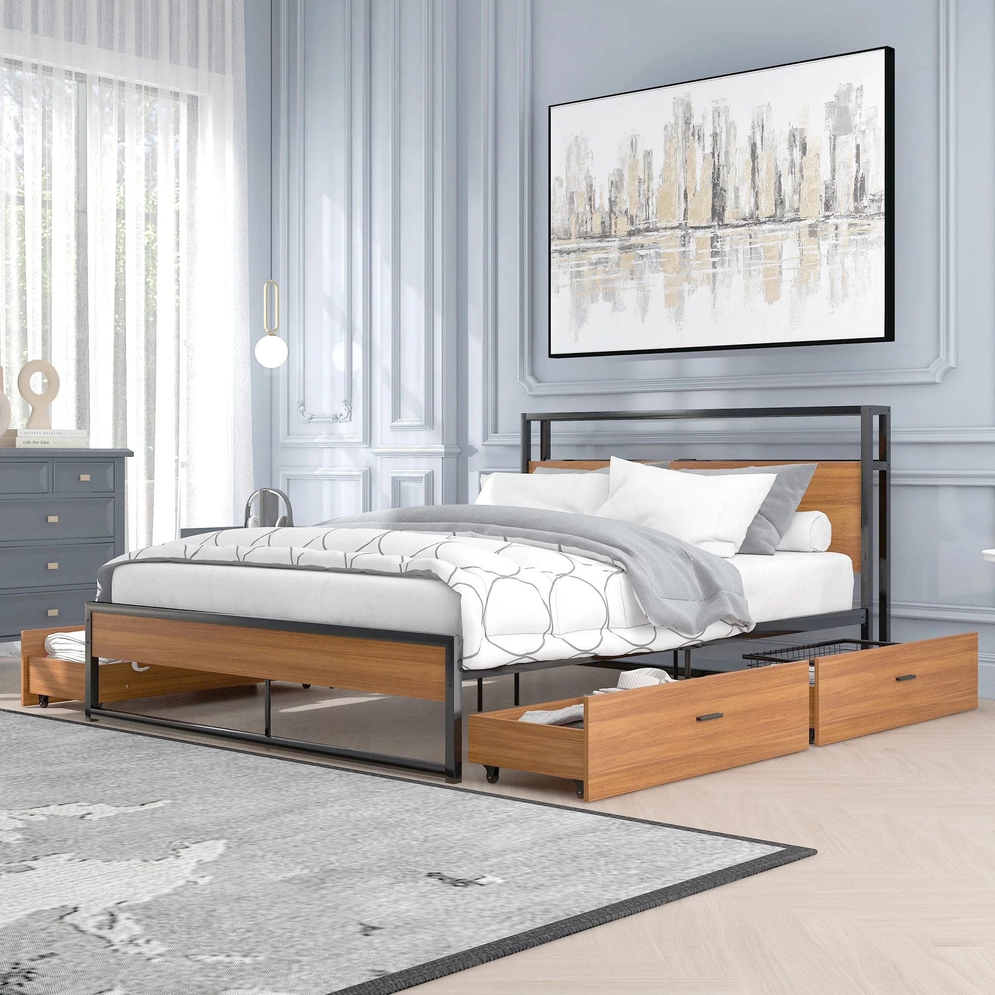 Metal Platform Bed Frame Full / Queen White + 2 Drawers Queen
