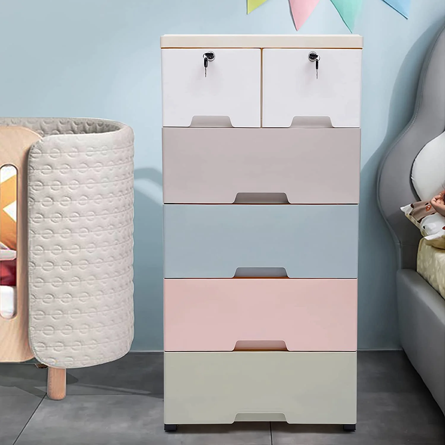 TFCFL 5-Tier Plastic 5 Drawers Dresser Storage Cabinet Bedroom Chest Closet Organizer w/Wheels