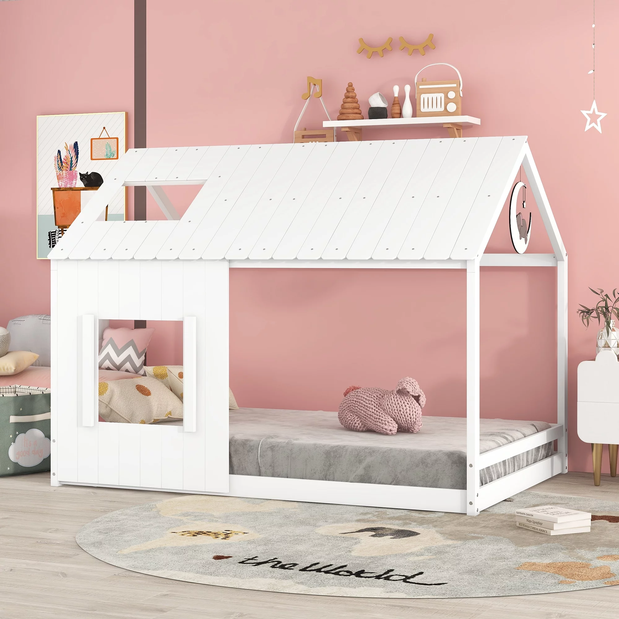 Solid & Sturdy Wood Tent Bed with Roof and Window Design for Toddlers, House Beds with Fence, Wood Loft Bed Frame Bedroom Furniture for Girls Boys(White-Full)