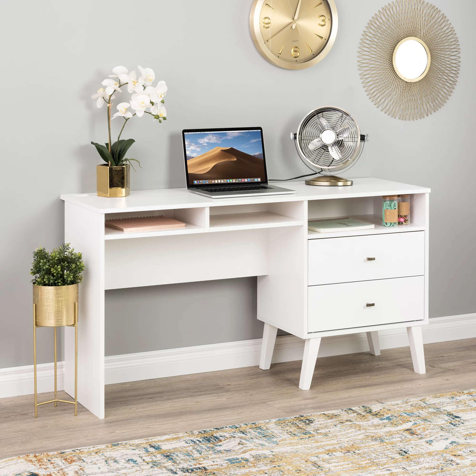Prepac Milo Mid Century Modern Computer Desk with Side Storage and 2 Drawers, White