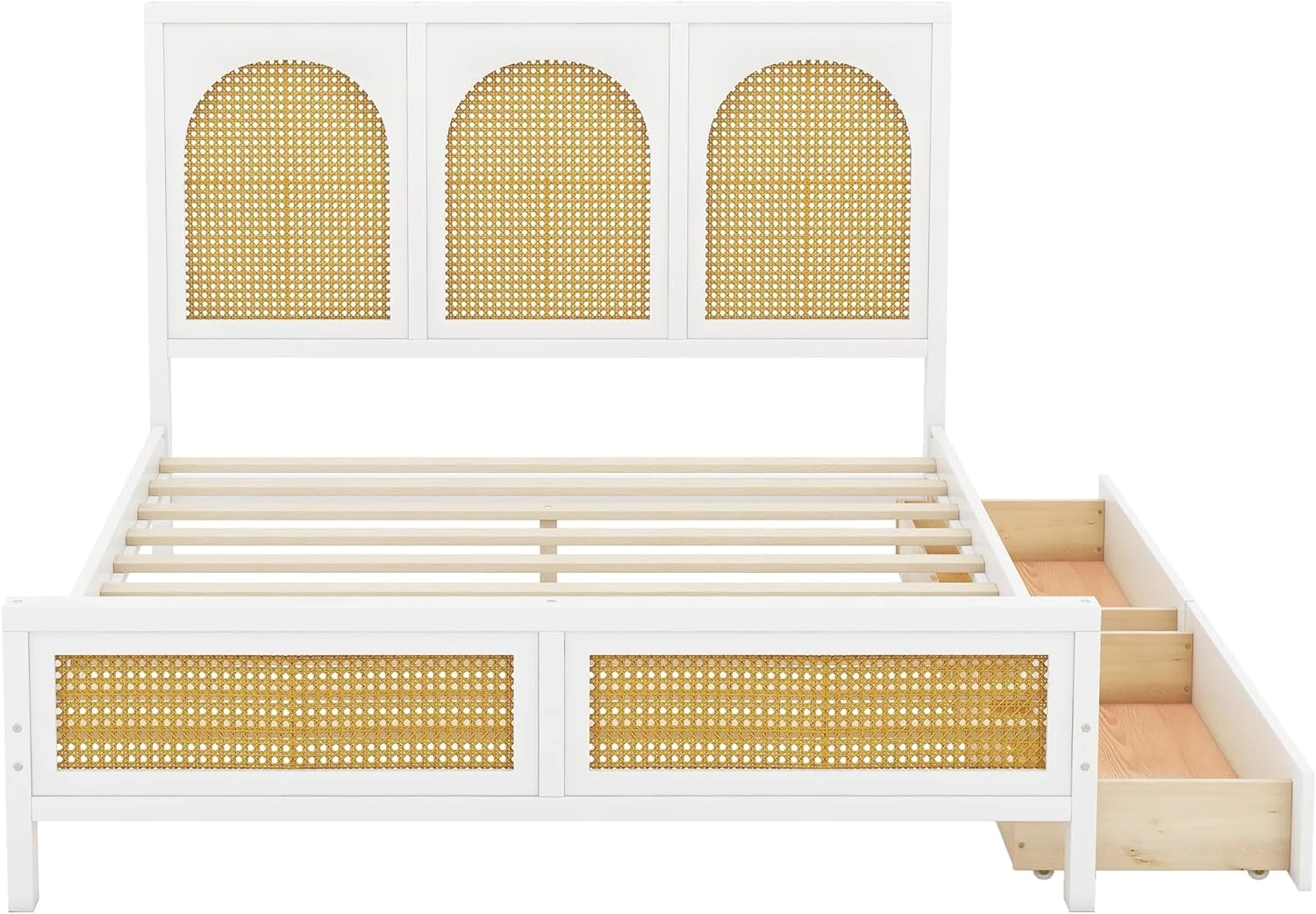 Modern Queen Size Platform Bed with 2 Drawers, Wood Storage Platform Bed Frame with Rattan Headboard and Footboard for Bedroom Guest Room, No Box Spring Required