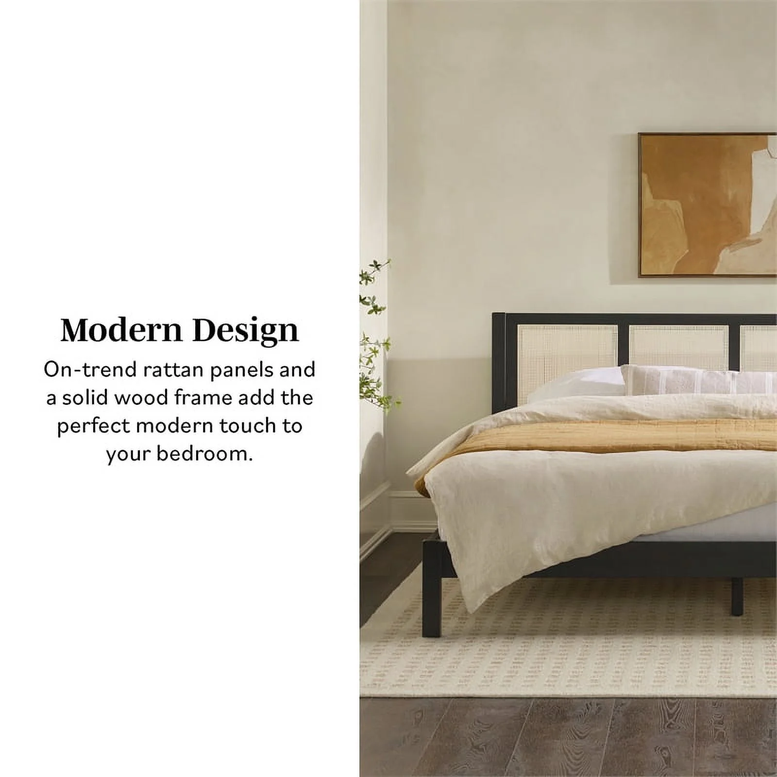 Walker Edison Boho  Solid Wood and Rattan Paneled King Bedframe, Black