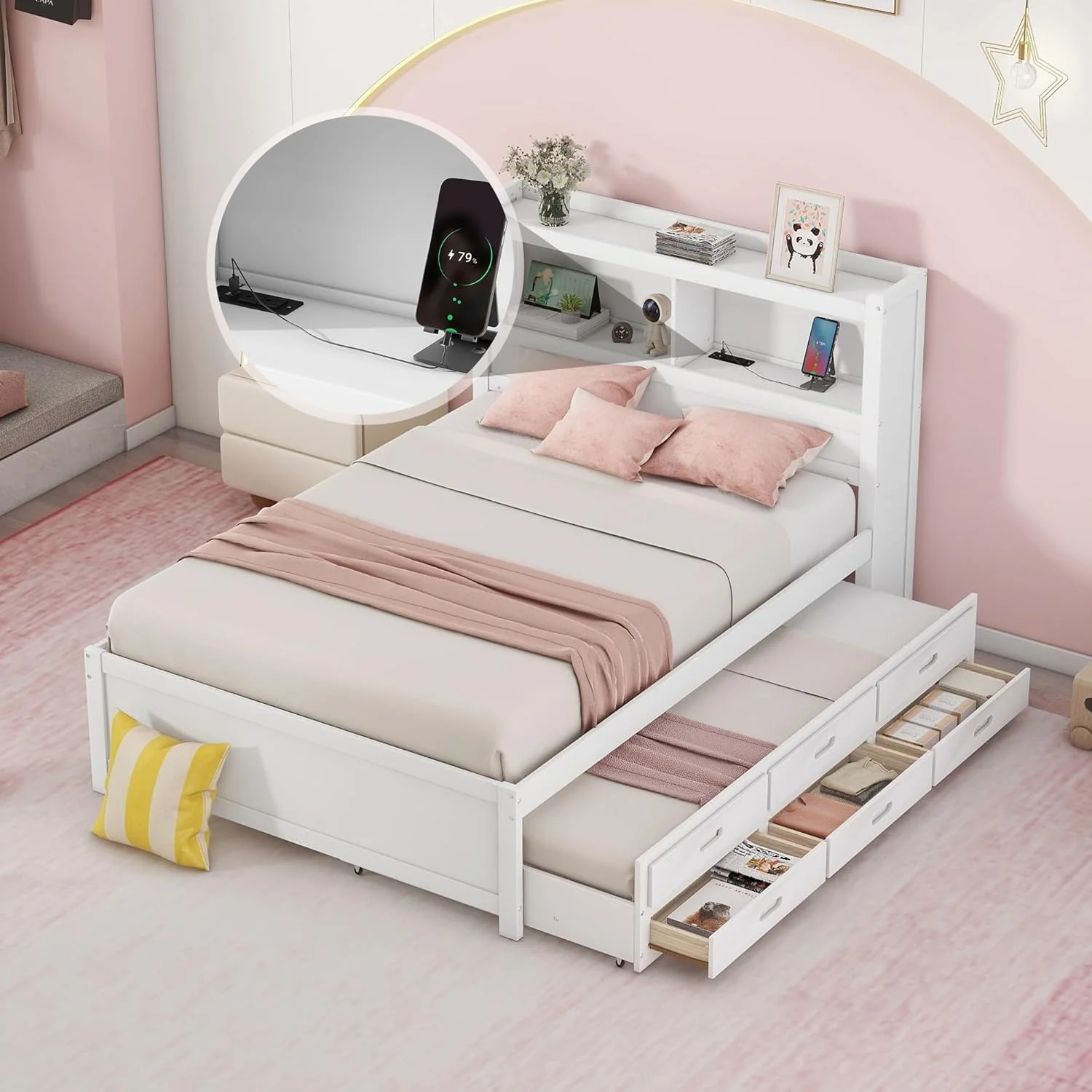 Full Size Bed With Bookcase Headboard, Wooden Full Size Platform Bed With Trundle And Storage Drawers,Full Storage Bed With USB Ports Outlets For Kids Girls Boys, White