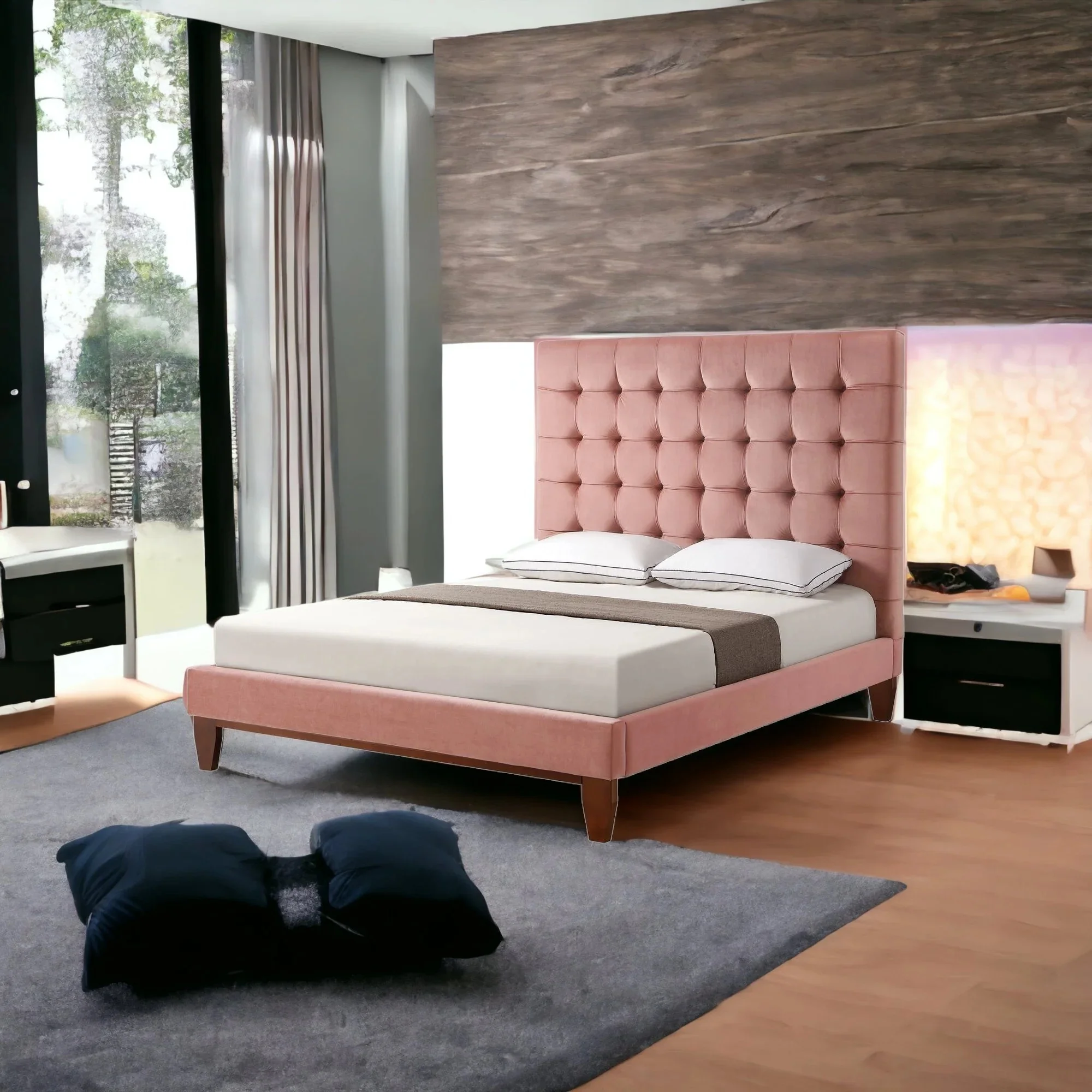 Navy Blue Solid Wood Twin Tufted Upholstered Velvet Bed