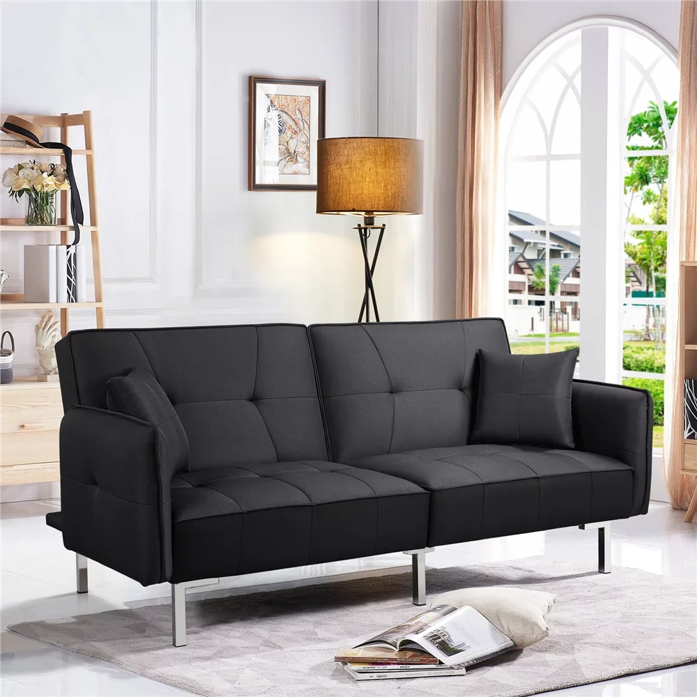 Yaheetech Futon Sofa Bed Adjustable Upholstery Versatile Convertible Sofa with Fabric Cover for Living Room, Black