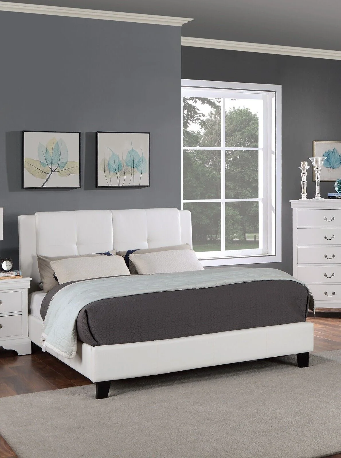 1pc Queen Size Bed Bedroom Furniture White Faux Leather Upholstered Headboard 2-Panel Design Bedframe
