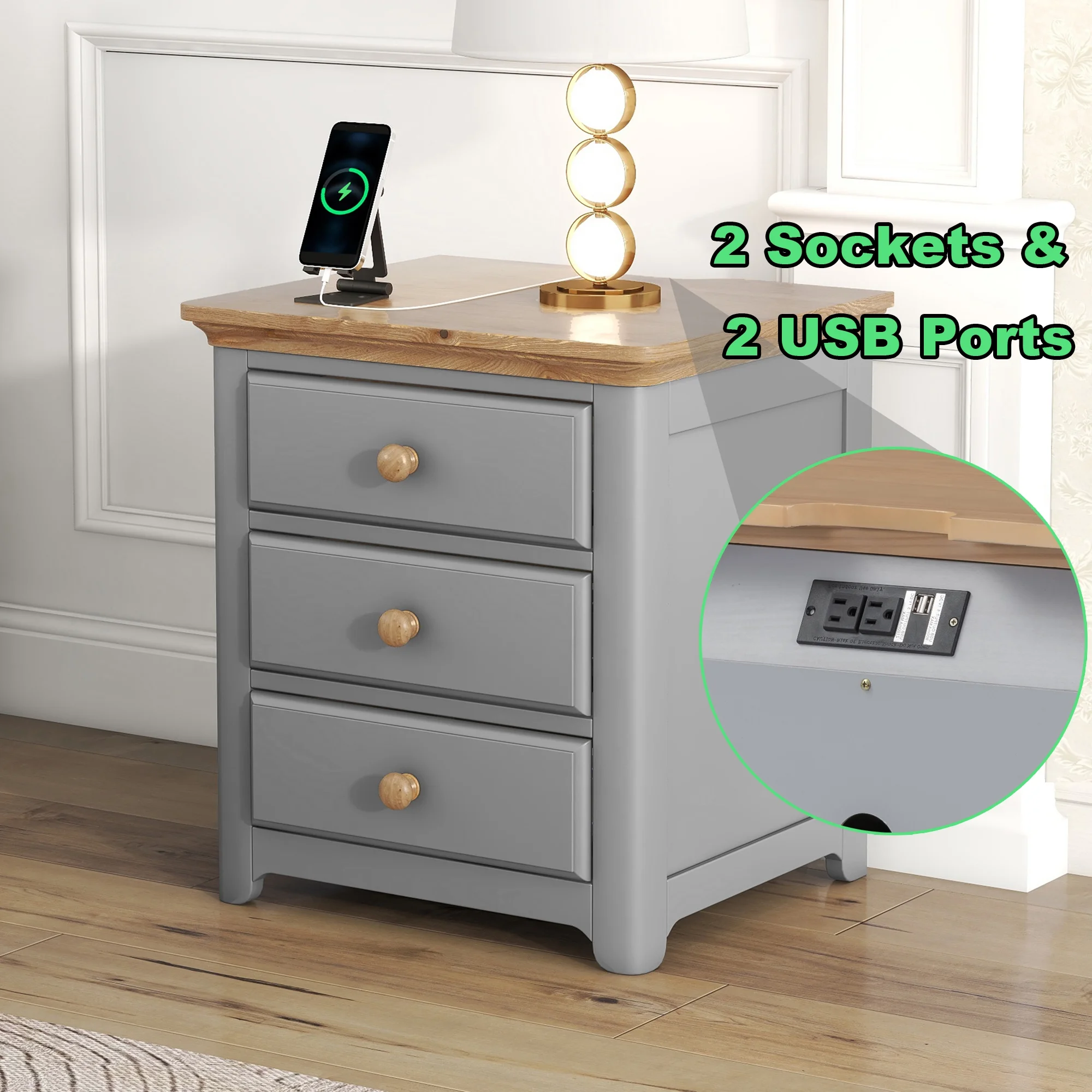 Glavbiku Wooden Nightstand with USB Charging Ports and 3 Drawers,End Table for Bedroom,Gray