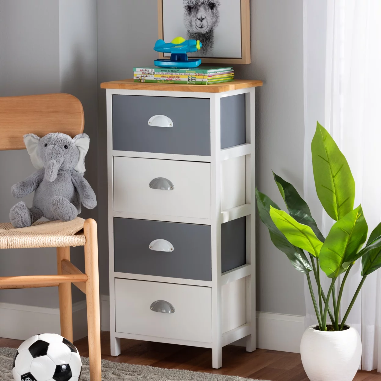 Baxton Studio Calandra Modern and Contemporary Oak Brown and Multi-Colored Wood 4-Drawer Storage Unit,Wholesale