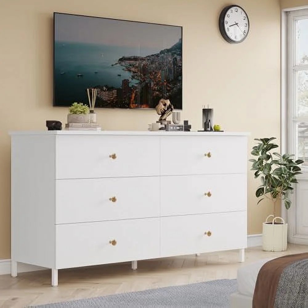 6 Drawers Double Dresser Wooden Dresser with Heavy Sturdy Steel Frame Large Capacity Chest of Drawers Black Dresser for Bedroom Living Room Entryway