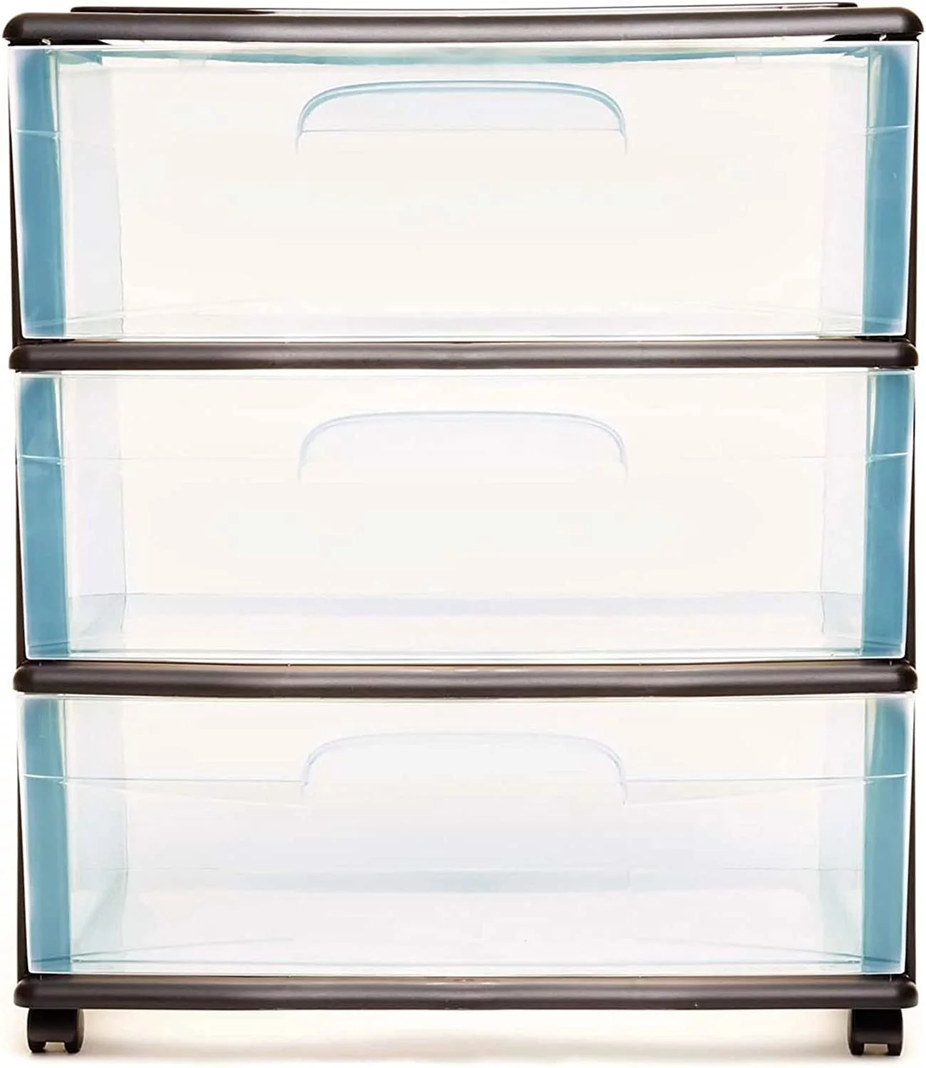 Plastic 3 Drawer Wide Cart, Black Frame, Clear Drawers, 4 Casters included, Set of 1