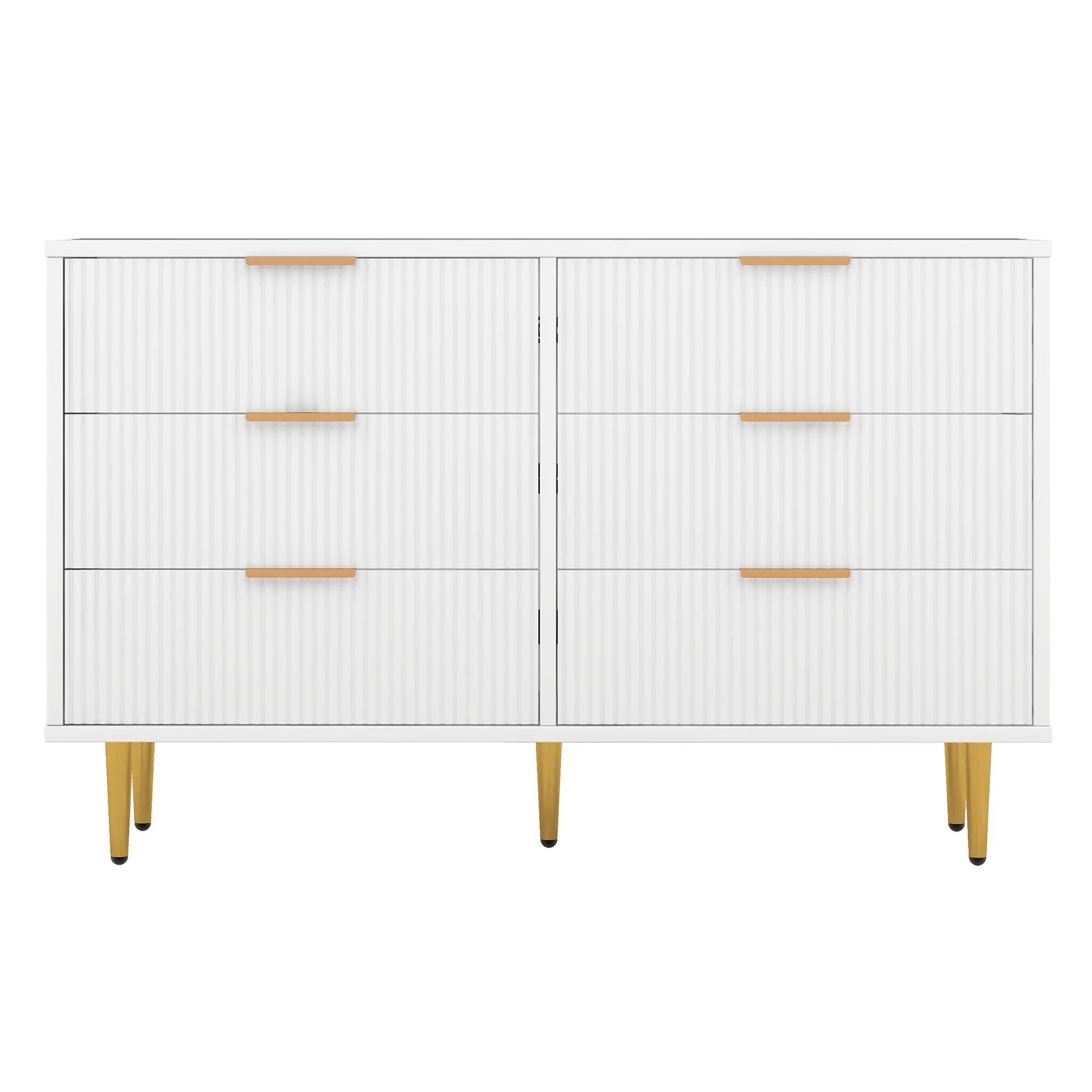 Modern 6-Drawer Dresser with Metal Leg and Handle, White Storage Cabinet with Vertical Stripe Finish Drawers - Perfect for Bedroom Organization