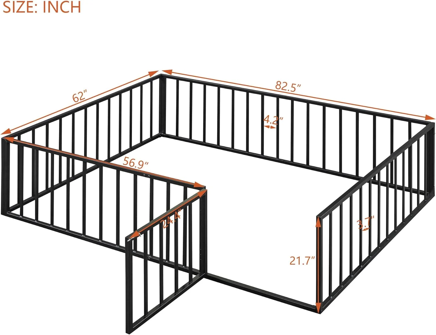 Quee Floor Bed With Fece Rails Ad Door, Metal Floor Bed Quee For Girls Boys, Quee Size Motessori Floor Bed For Kids (Quee,Black)