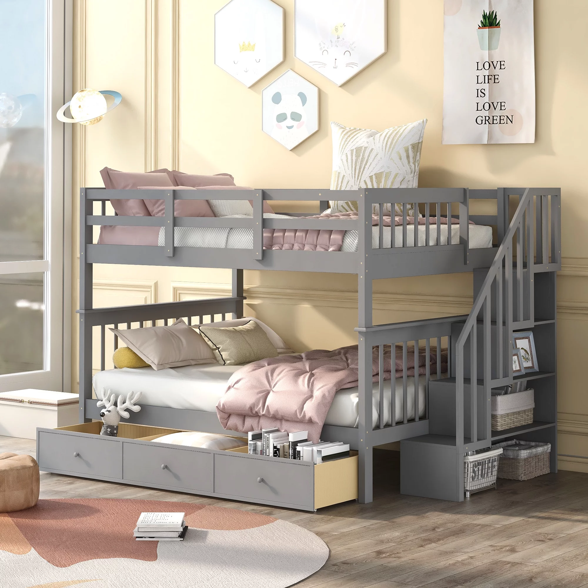 Gray Stairway Full-Over-Full Bunk Bed with Drawer, Storage and Guard Rail for Bedroom