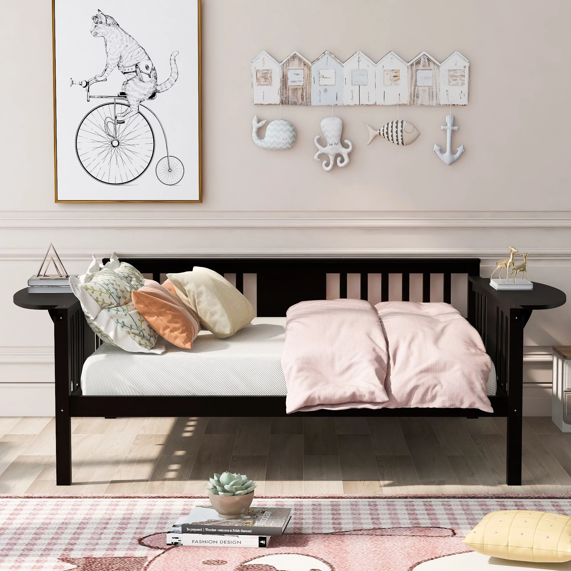 Dual-use Full Daybed Sofabed with 3 Side Rails and 2 Extra Connected Small Coffee Table Shelf for Living Room Espresso