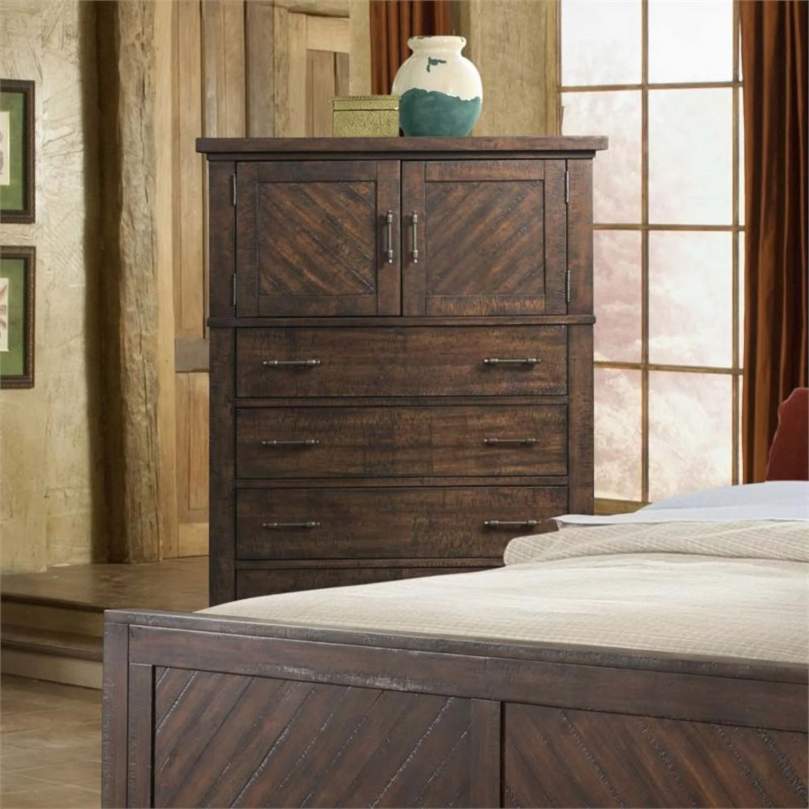 Maklaine Solid  MDF/Poplar Solid Wood 4 Drawer Chest in Walnut Finish