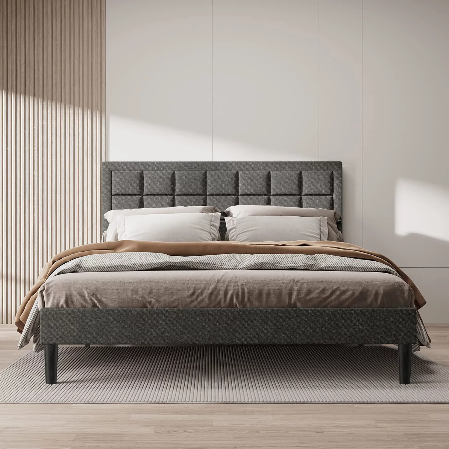 BONSOIR QUEEN Size Bed Frame Upholstered Modern Low Profile Platform with Tufted Headboard No Box Spring Needed Linen Fabric Charcoal Gray