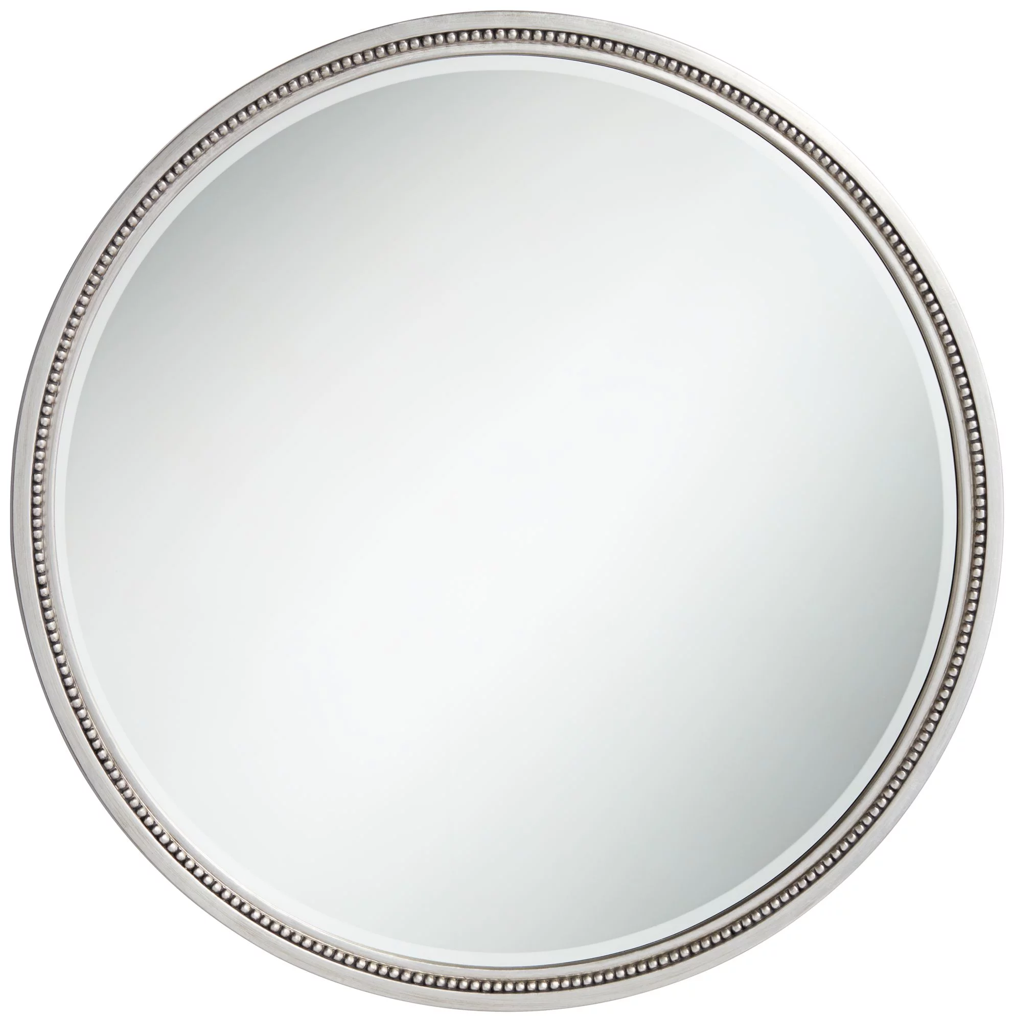 Noble Park Lorraine Round Vanity Decorative Wall Mirror Modern Beveled Beaded Trim Silver Wood Frame 32 3/4