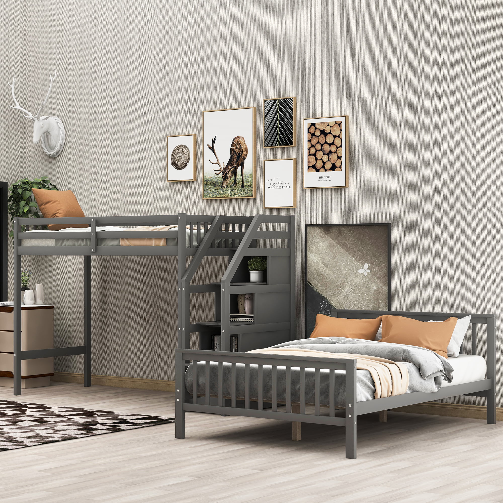Nestfair Gray Twin over Full Loft Bed with Storage Staircase