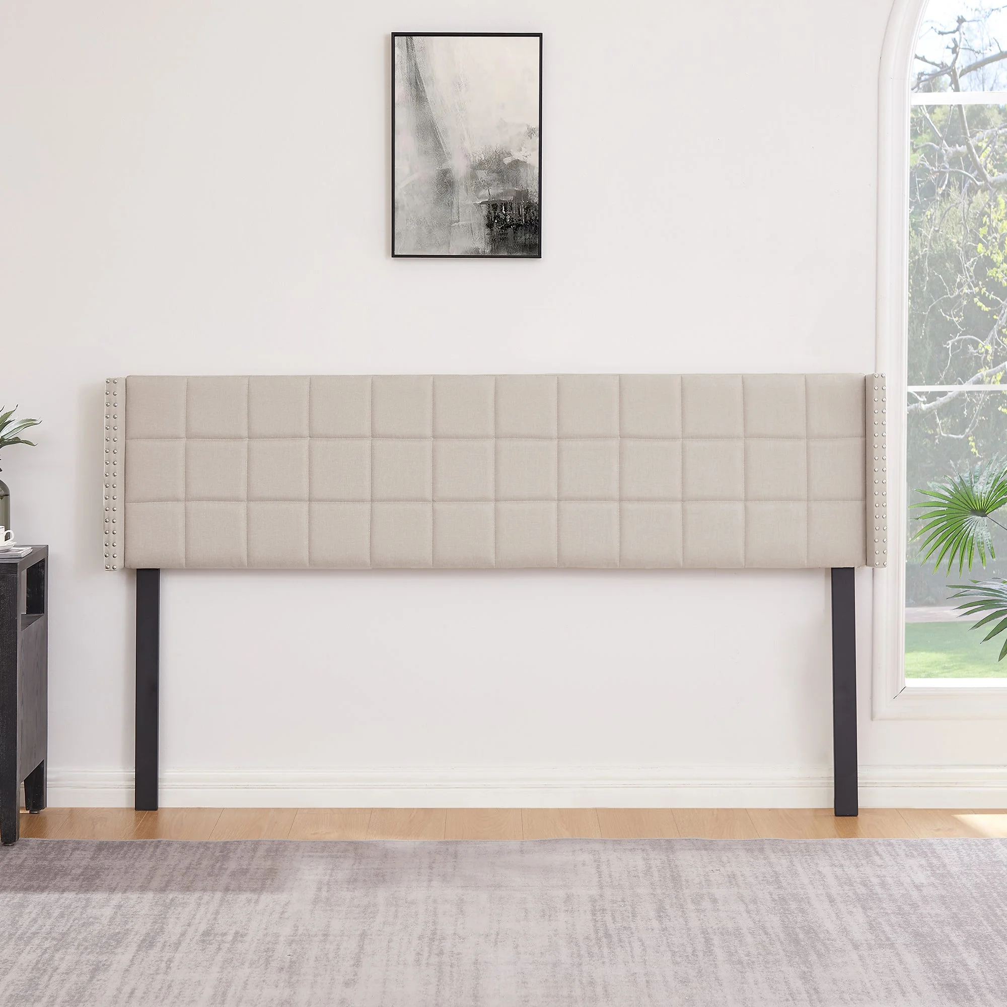 VECELO King Size Adjustable Height Upholstered Headboard, Modern Wingback Headboard with Double Nailhead Trimming and Button Tufting for Bedroom, Beige