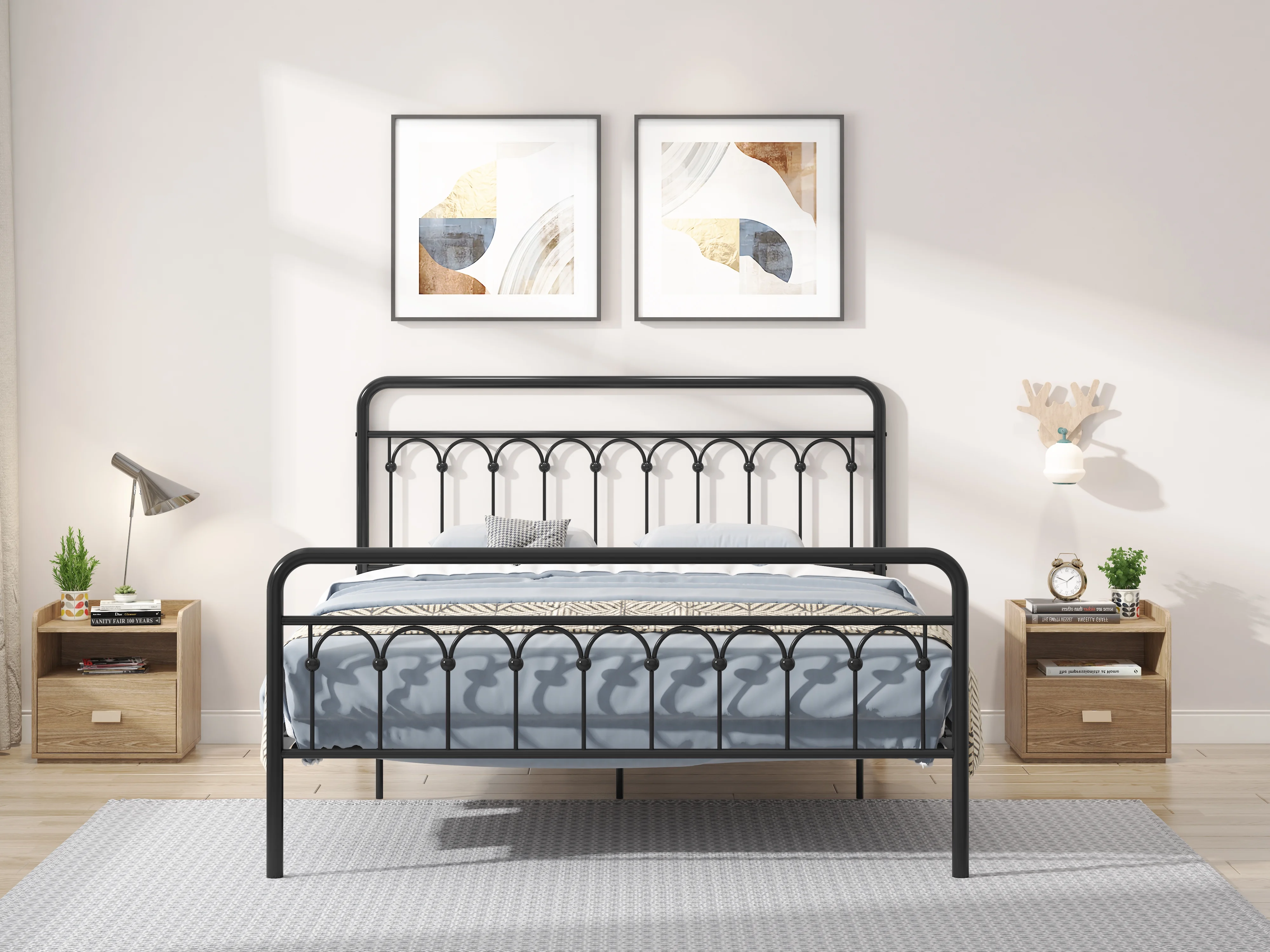 Euroco Metal Queen Size Platform Bed With Headboard and Footboard, Black