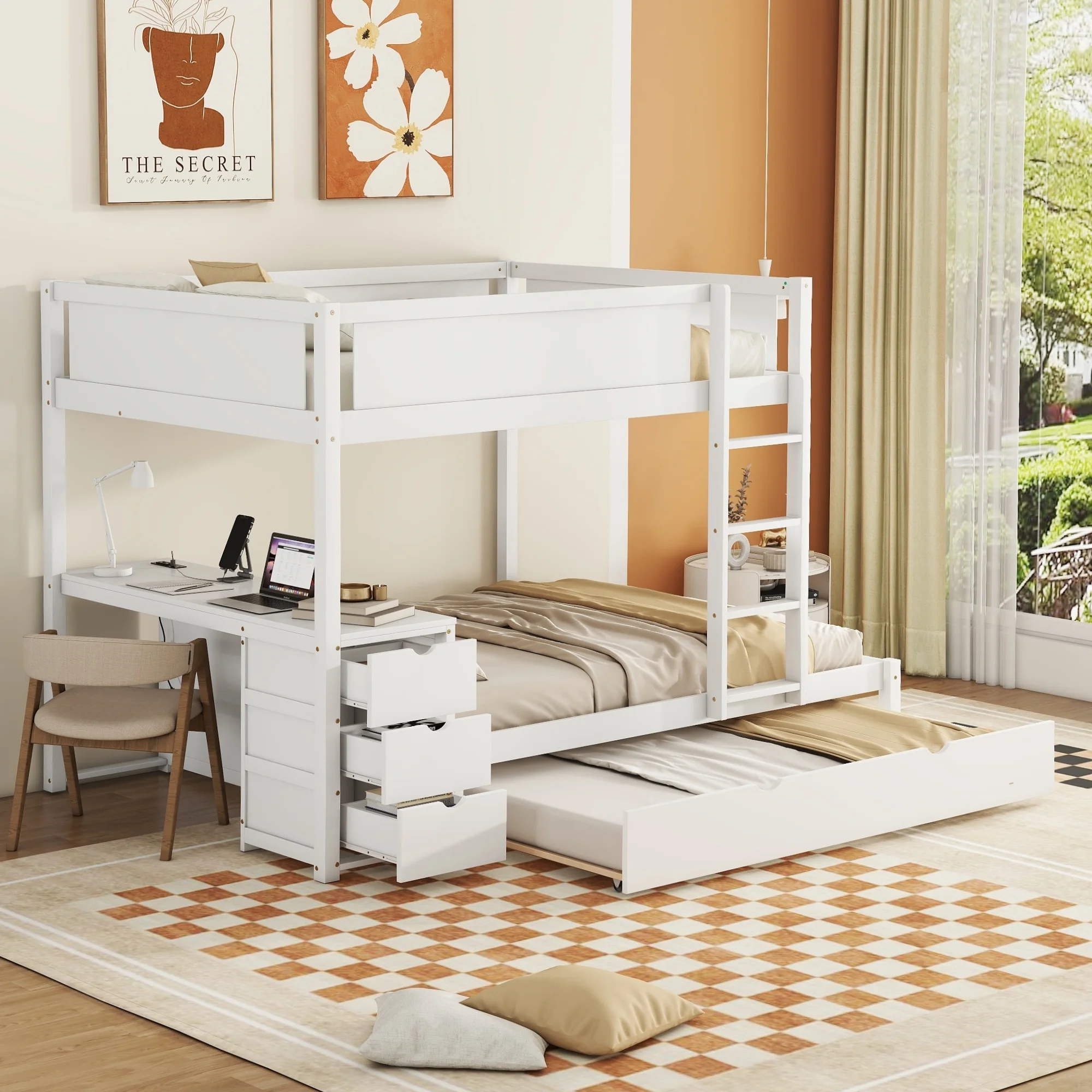 CoSoTower Full-Over-Full Bunk Bed with Twin Size Trundle, Storage and Desk, White