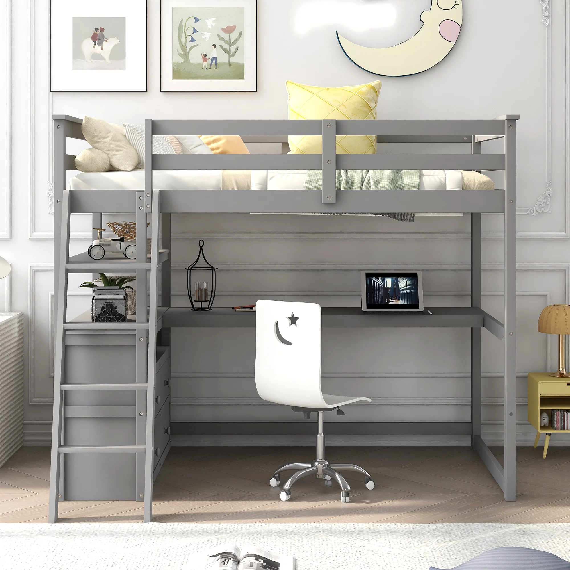 Euroco Twin Size Wood Loft Bed with Desk, Shelves and Cabinets for Kids Room, Incline Ladder and 3 Drawers, Gray