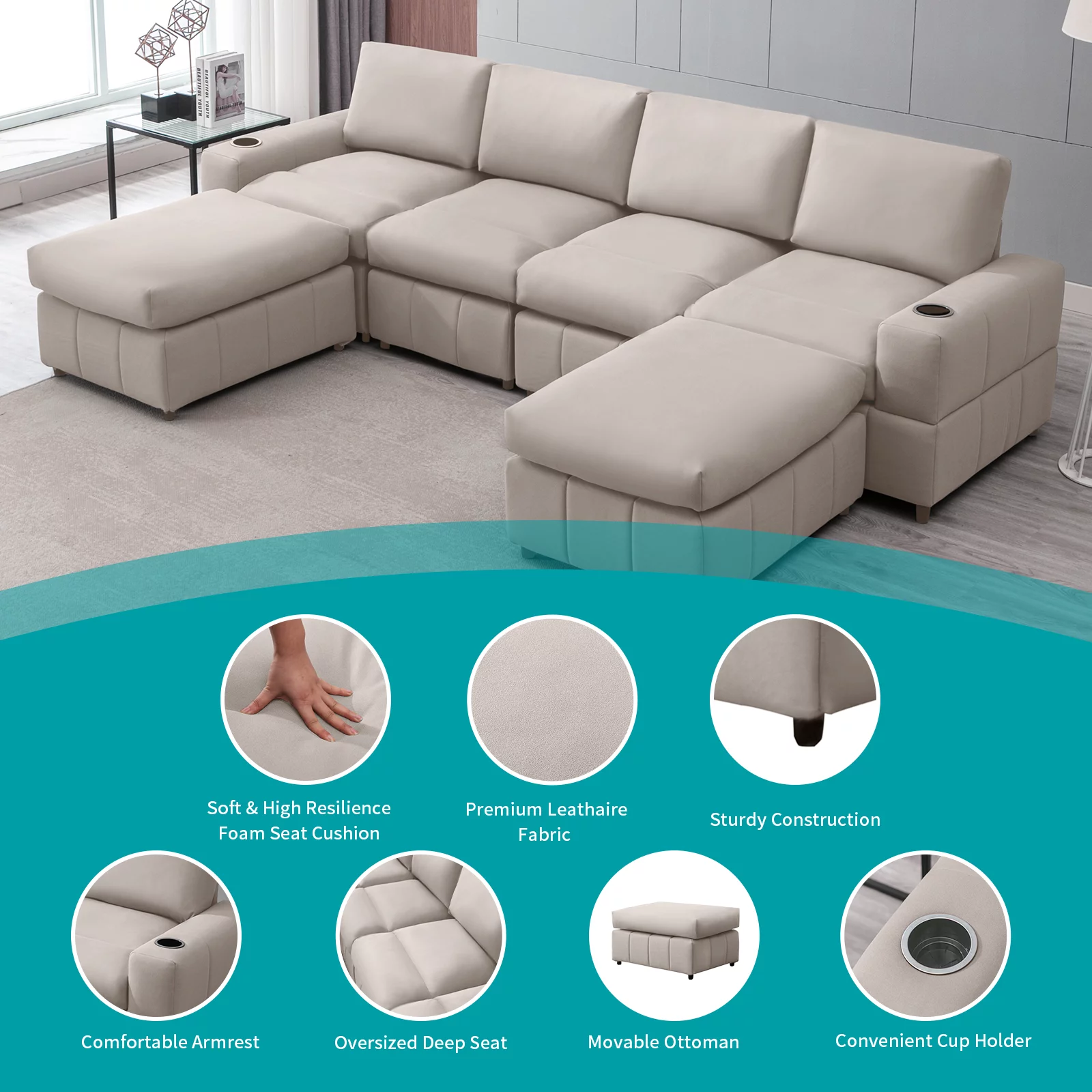BALUS Modular Sectional Sofa, U Shaped Sofa with Ottomans, Large Living Room Furnitures, Beige