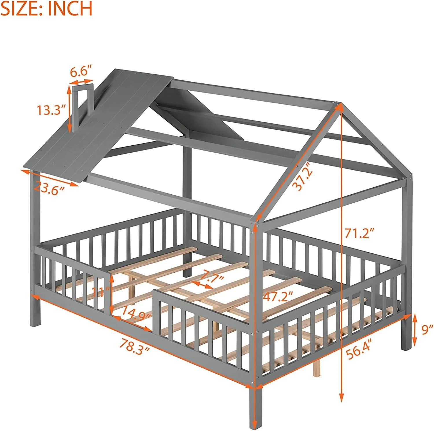 Full House Beds With Rails Wood Montessori Bed Frame Kids Gray Cabin Bed For Children Boys Girls Teens, Full Size
