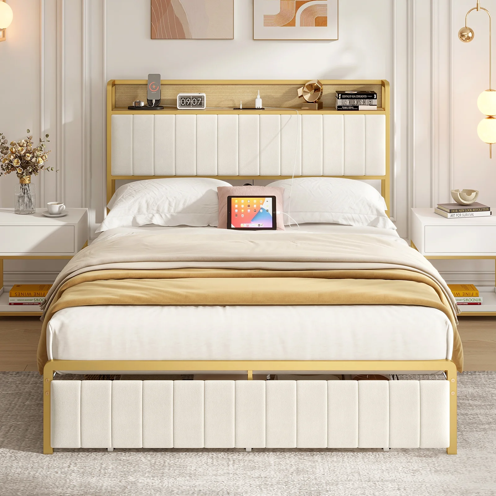 AMERLIFE Queen Size Storage LED Bed Frame with Motion Light, Drawer and Charging, Gold & Beige