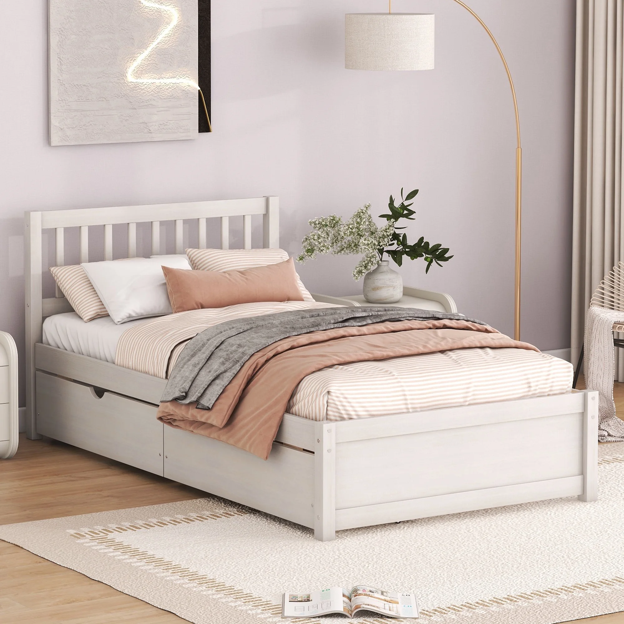 Modern Design Twin Size Wood Bedroom Furniture with 2 Drawers for Boys and Girls, Wooden Platform Bed Frame for Kids Teens Adult, White Washed Color