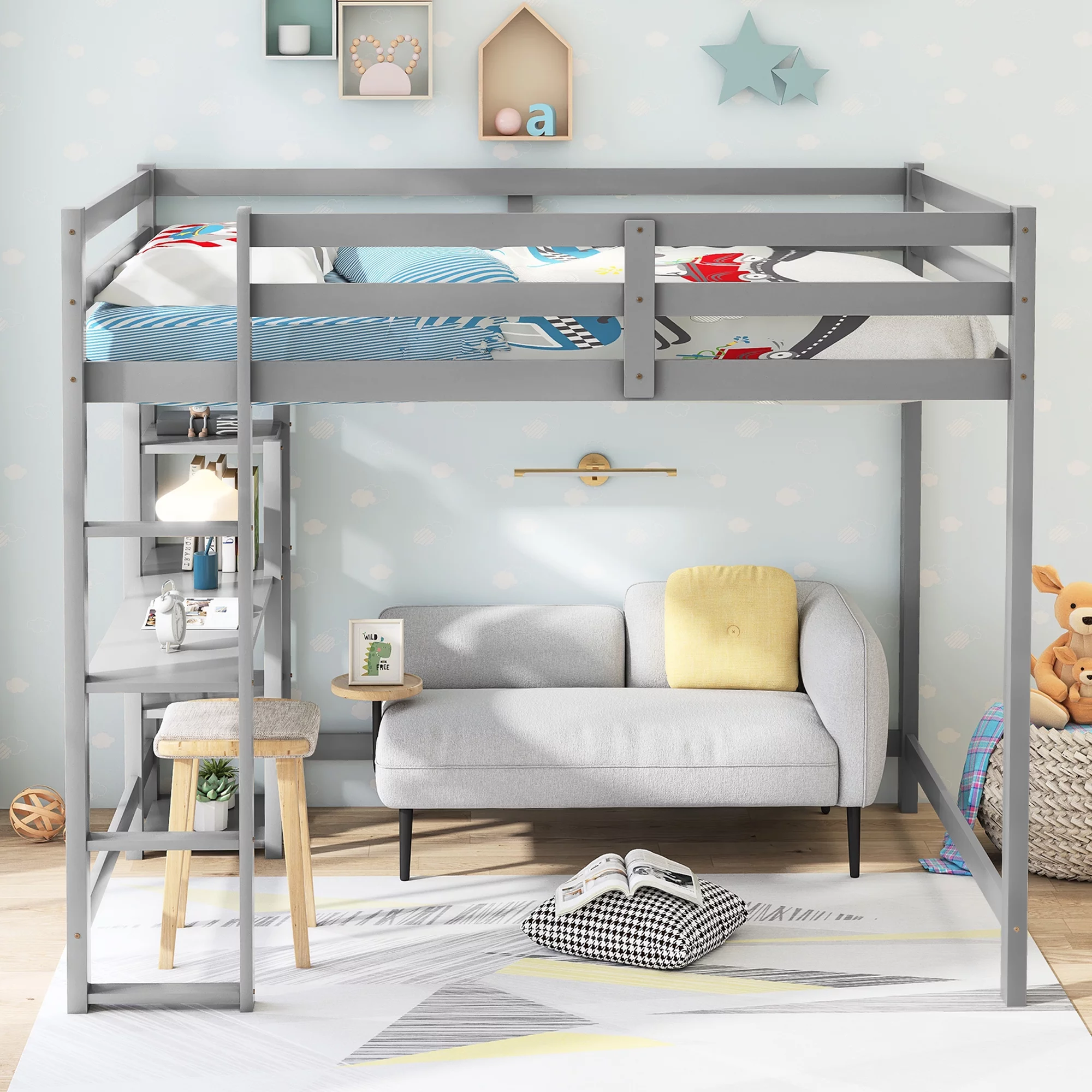 Euroco Full Loft Bed with Built-in Desk and Shelf for Kids Bedroom, Gray