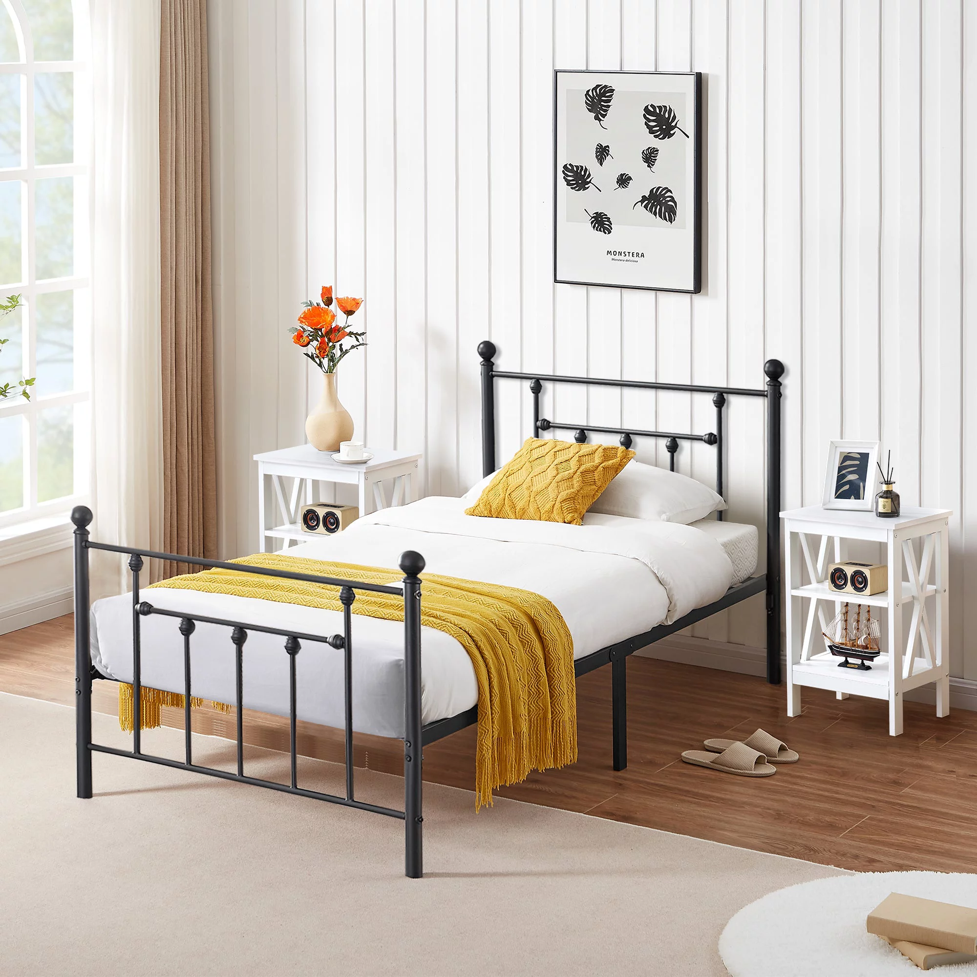 3 Piece Twin Size Bedroom Sets Black Metal Bed Frame and 2 White Nightstands
