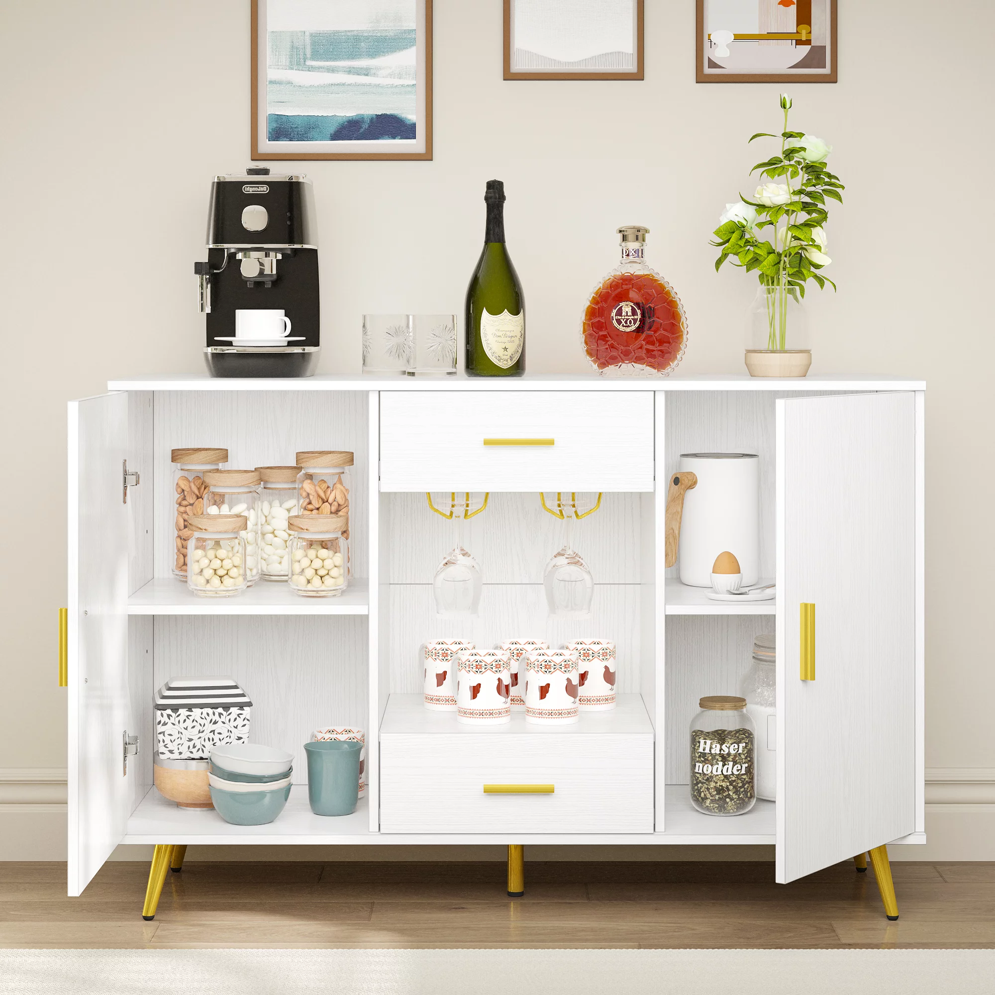 DWVO Buffet Cabinet, Sideboard Buffet w/Storage, Credenza w/Adjustable Shelf, Wine Glass Holder, Drawers, Modern White & Gold Dresser 300 lbs Capacity for Living Room, Kitchen, Dining Room