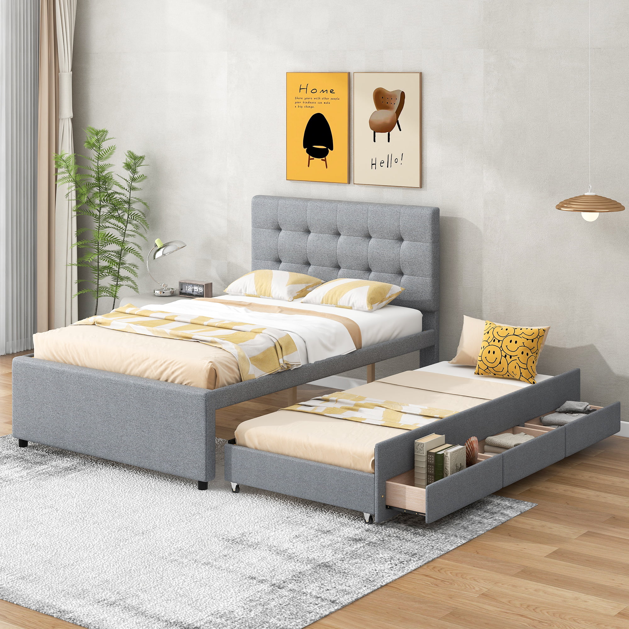 CoSoTower Full Size Upholstered Platform Bed with Pull-Out Twin Size Trundle and 3 Drawers, Gray