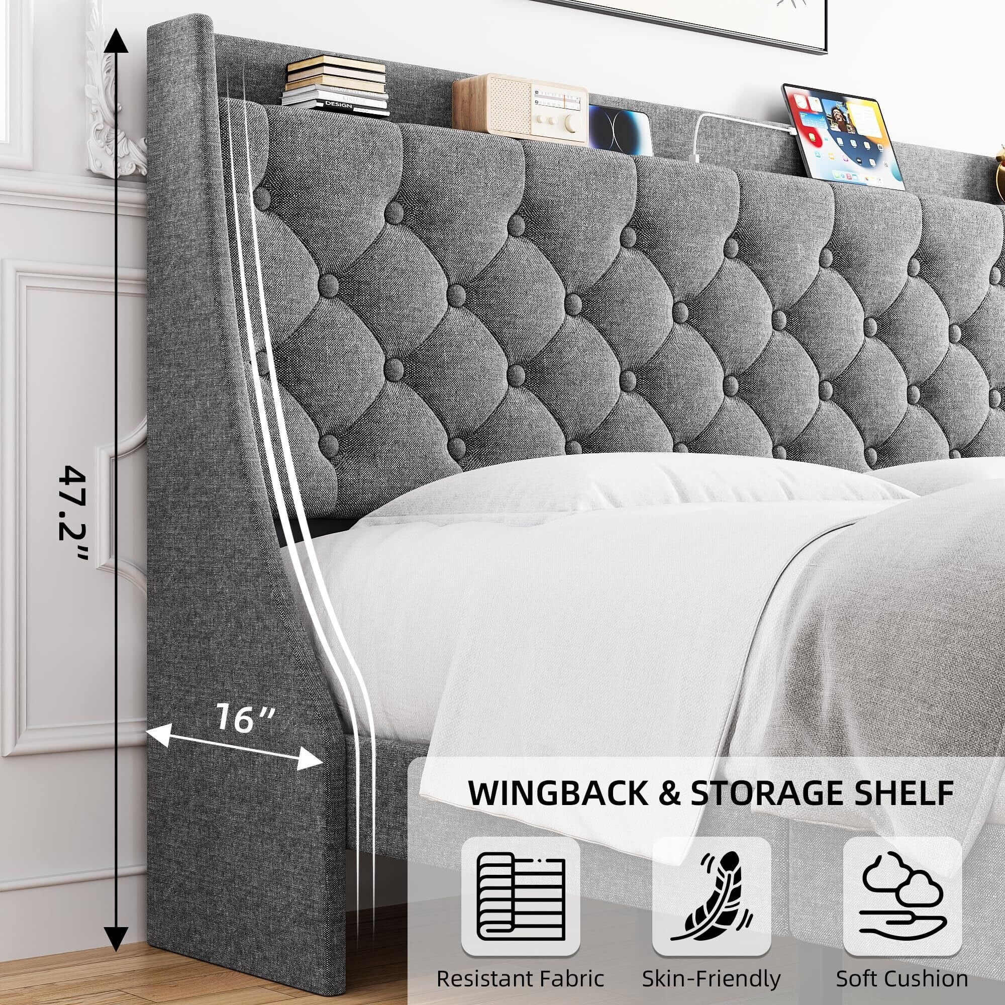 Bed Frame with Charging Station and Storage Shelf King