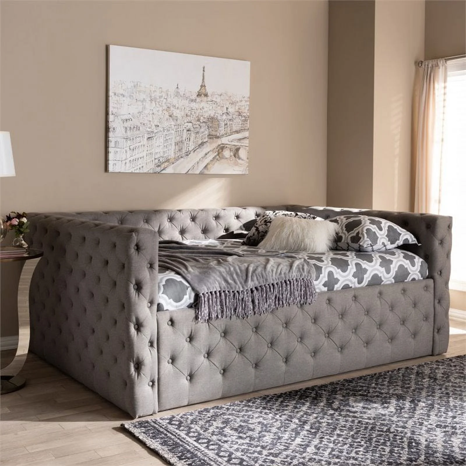 Bowery Hill Contemporary Tufted Queen Daybed in Grey