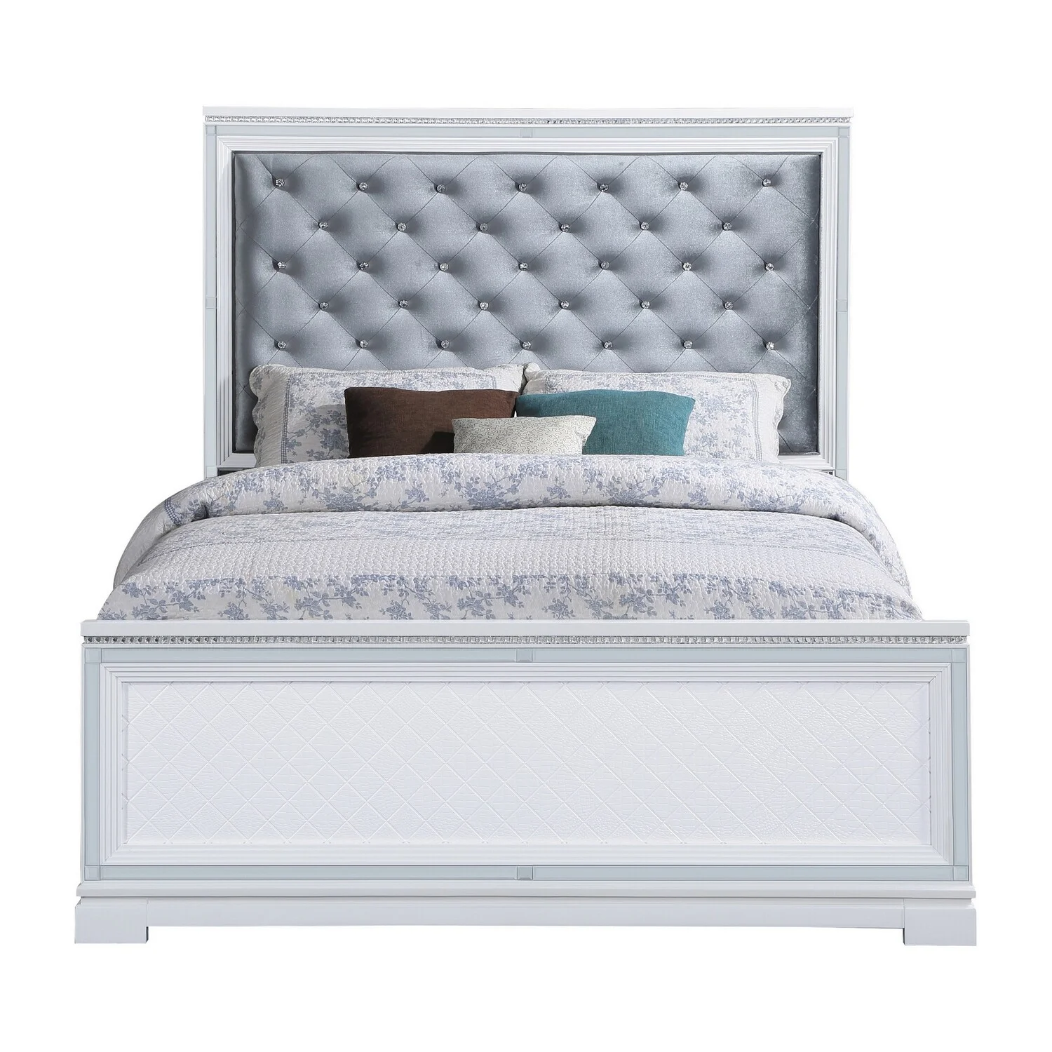Benjara BM302858 Velvet Upholstery & White Frame Tufted Headboard Axl Foam King Size Bed, Silver