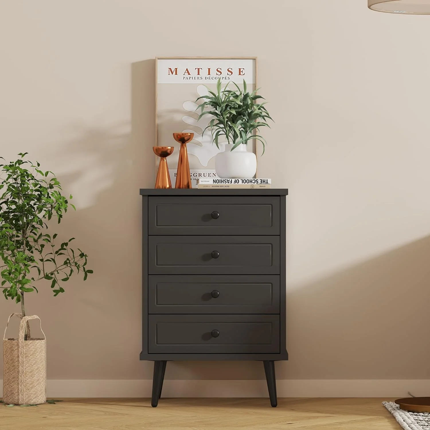 FJU Dresser with 4 Drawers, Wood Storage Chest of Drawers with Anti-Toppling Device for Bathroom, Bedroom, Living Room and Closet