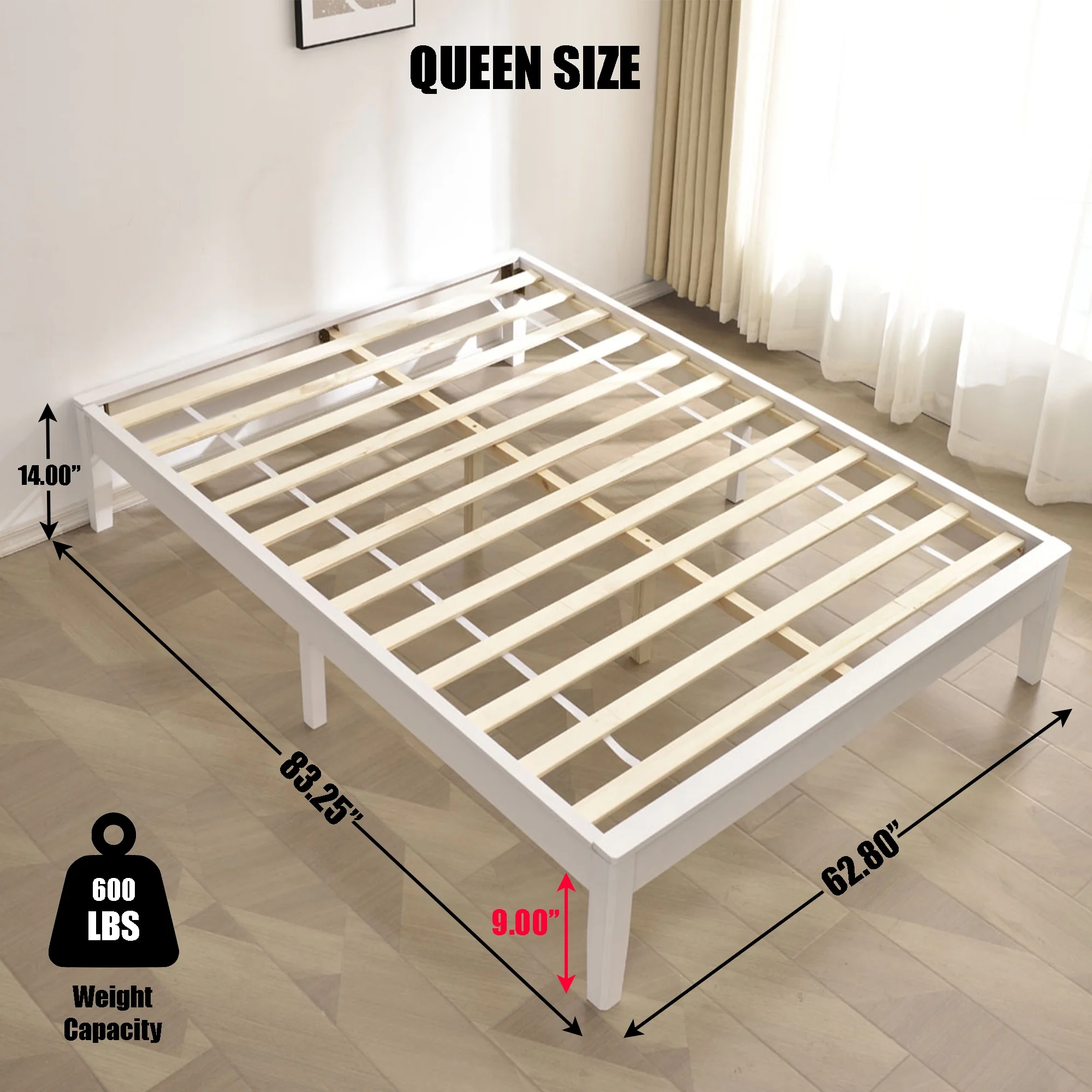 Home Bedroom Furniture Stella Solid Pine Wood Queen Platform Bed Frame - White