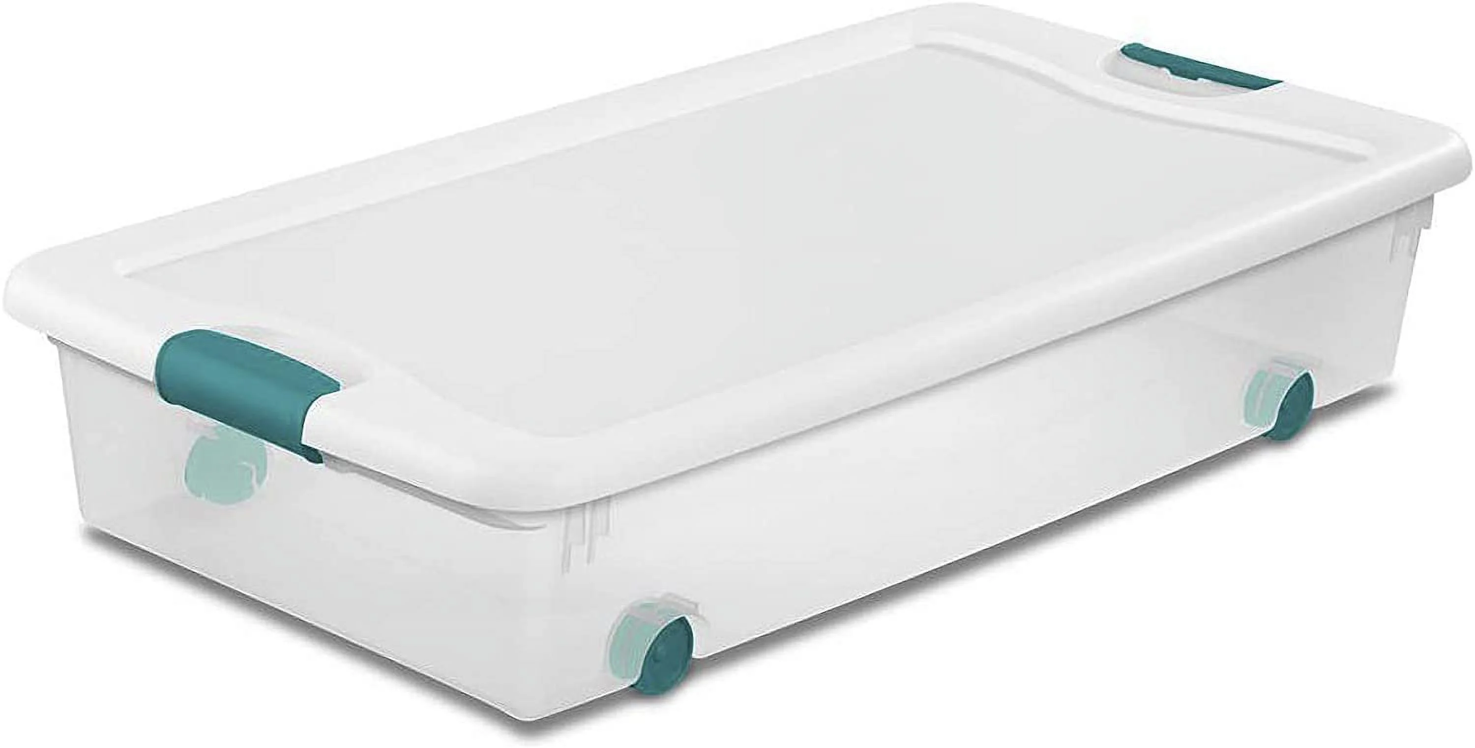 Sterilite 56 Quart Latching Stackable Under Bed or Closet Storage Box Container Bins with Secure Lid and Wheels, Clear 8 Pack