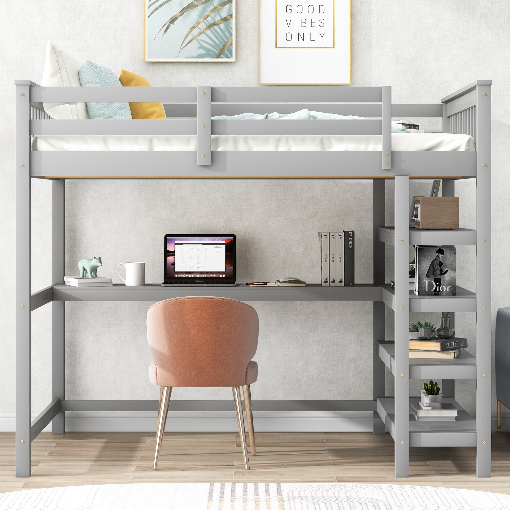 Dawn Whisper Full Size Loft Bed with Storage Shelves and Under-bed Desk, Gray