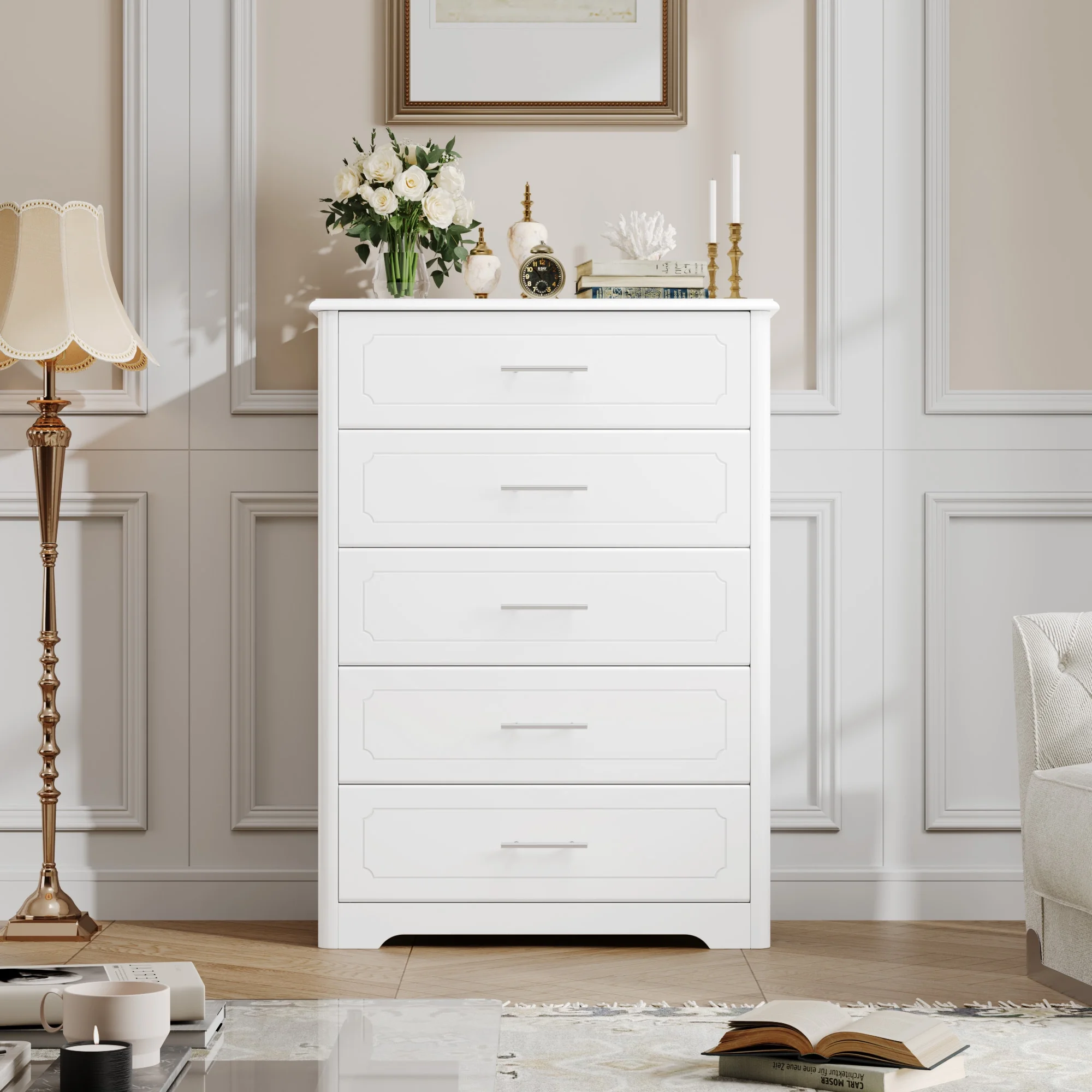 Homfa 5 Drawer White Dresser, Tall Nightstand Wooden Storage Cabinet with Metal Handles for Bedroom Living Room
