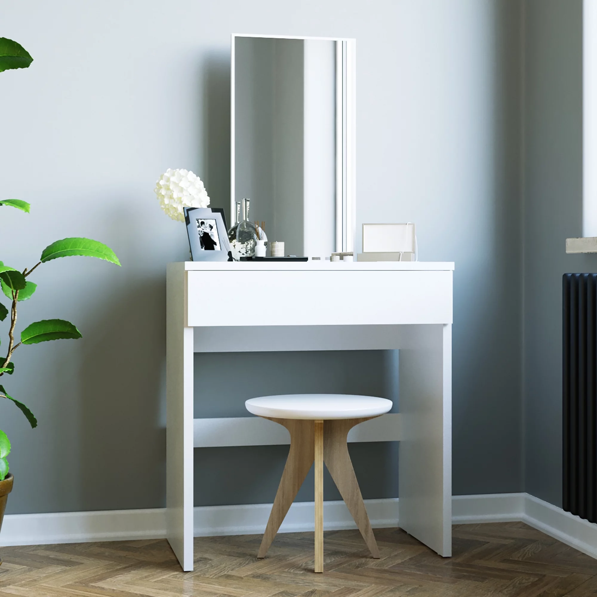 Ember Interiors Modern Vanity Table with Drawer, Basic Knob, White, for Bedroom