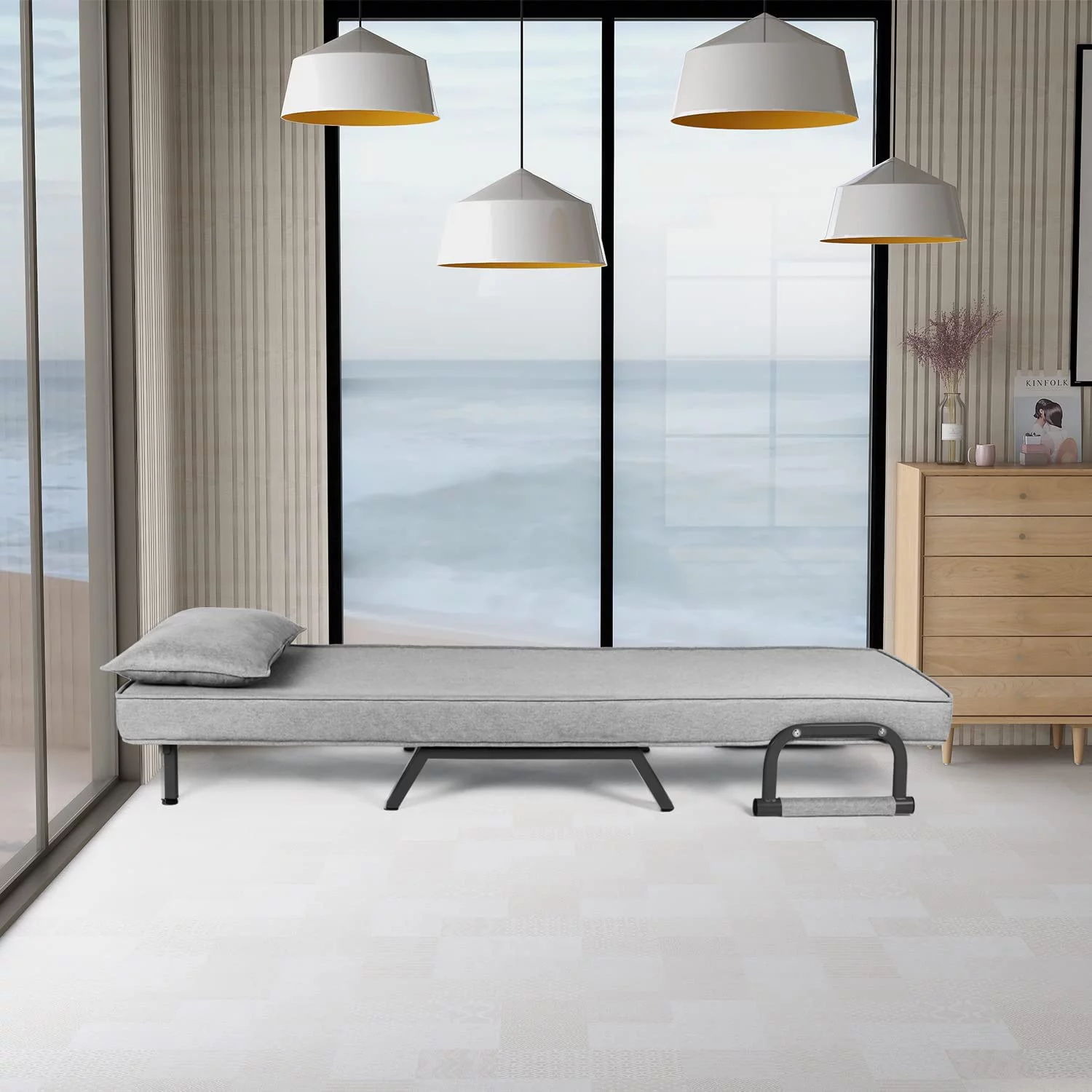 Convertible Sofa Bed Sleeper Chair, 5 Position Adjustable Backrest, Folding Arm Chair Sleeper Single Chaise Lounger Couch Recliner with Pillow for Home Office (Grey)