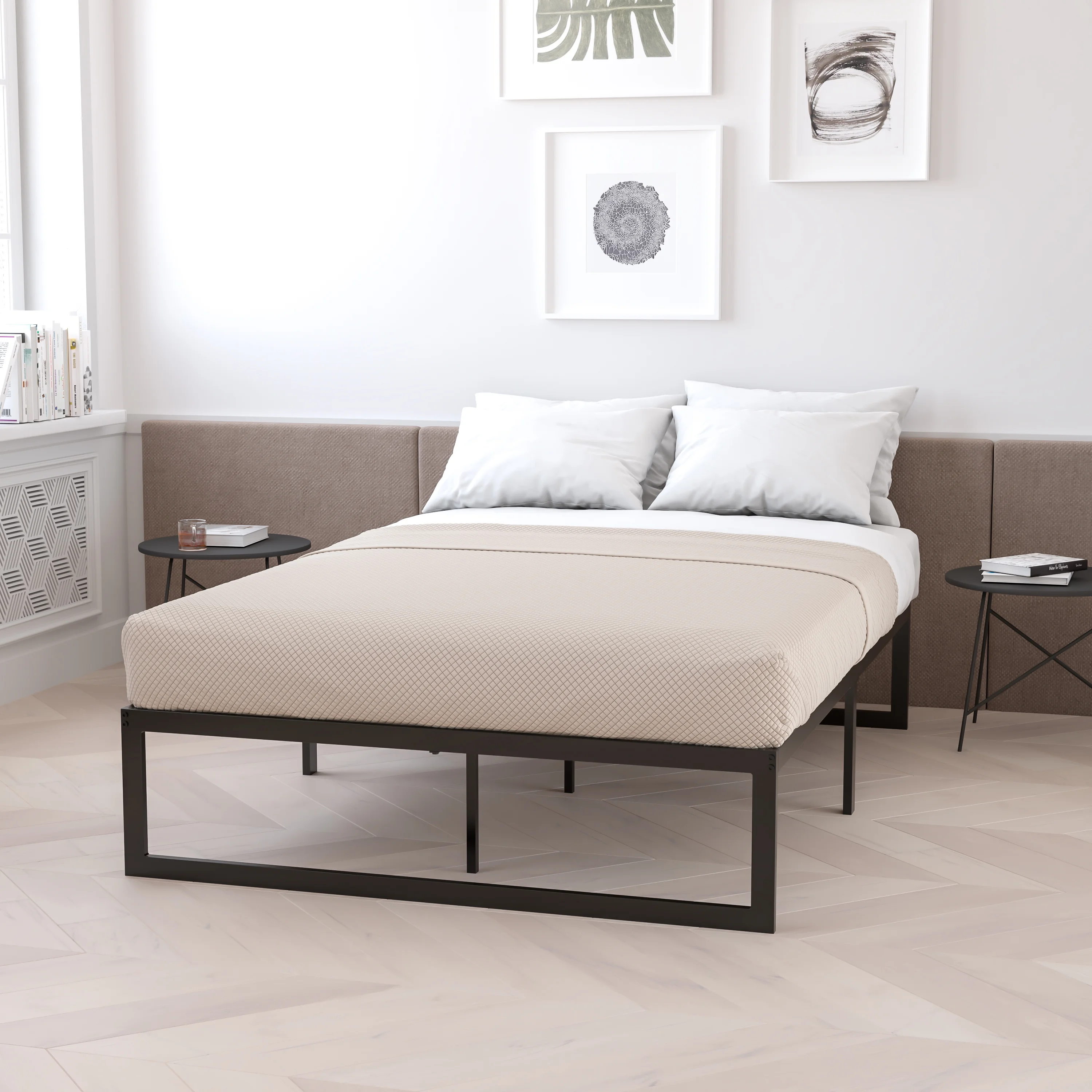 BizChair 14 Inch Metal Platform Bed Frame with 12 Inch Pocket Spring Mattress in a Box (No Box Spring Required) - Queen