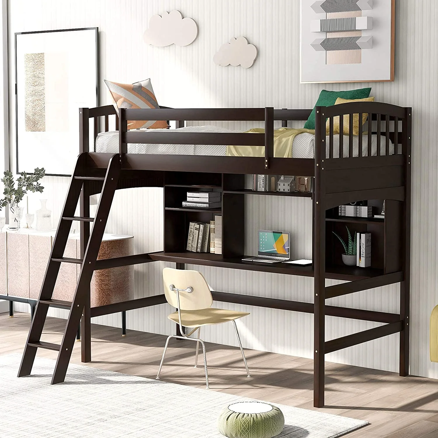 Wood Loft Bed With Desk And Shelves, Solid Wood Loft Bed Frame With Storage For Kids Teens Adults, Espresso