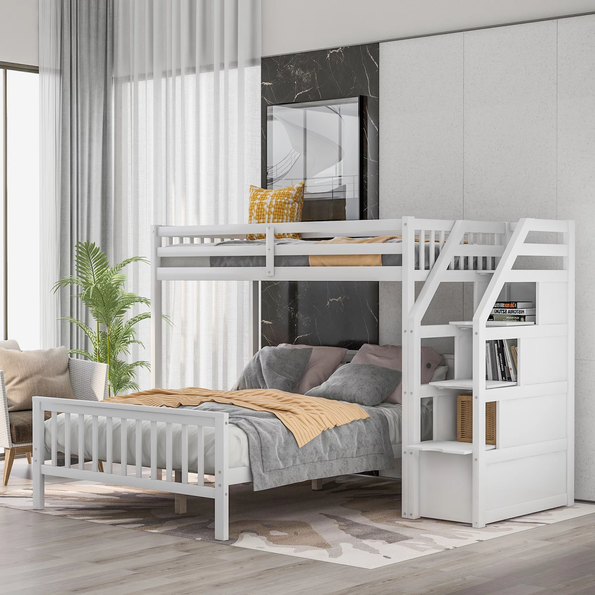 ikayaa Twin over Full Loft Bed with Staircase,White