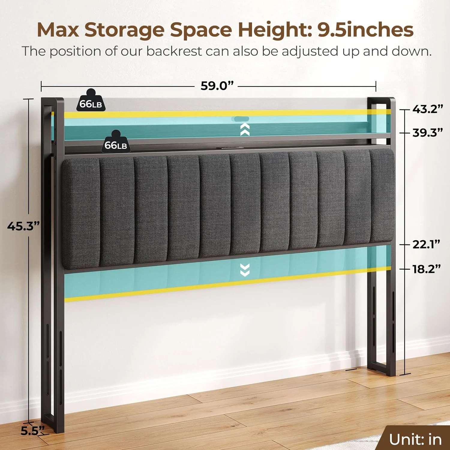 WAGEE Headboard for Queen Size Bed with Storage, 60,000 DIY Color of LED Light, Head Board with USB & Type C Port, Height Adjustable, Black Upholstered Cabeceras de Cama Comfortable Modern, Stable