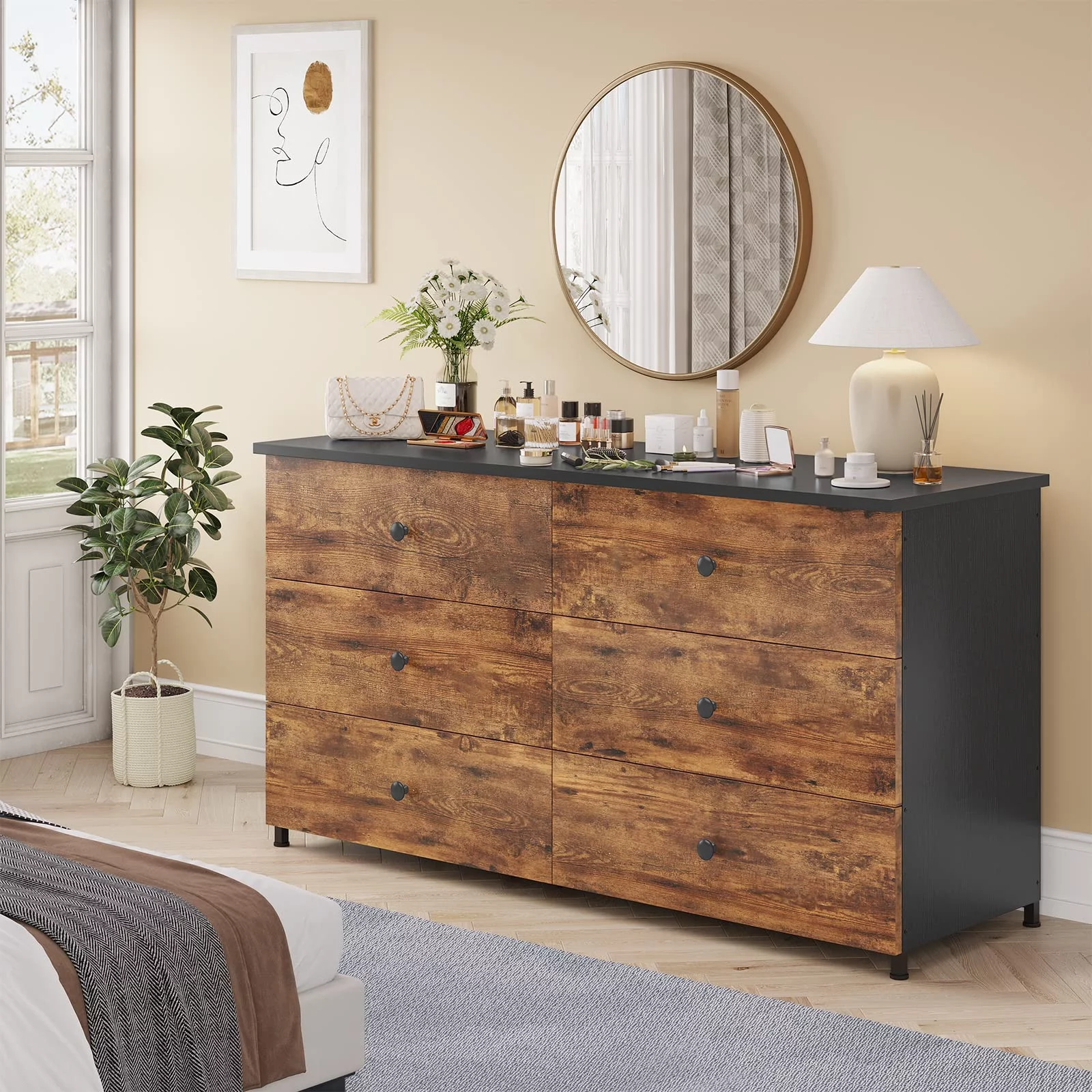 6 Drawer Dresser for Bedroom, Modern Chest of Drawers Storage Cabinet with Heavy Sturdy Steel Frame for Living Room Hallway, Brown